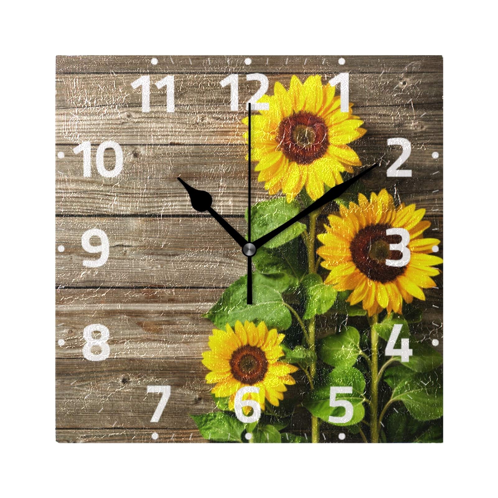 8 Inch Sunflower Wood Grain Square Wall Clock - Battery Operated Silent Quiet Desk Clock for Living Room, Home Office, School & Kitchen - Perfect for Home Decor, Wall Hanging & Room Aesthetics