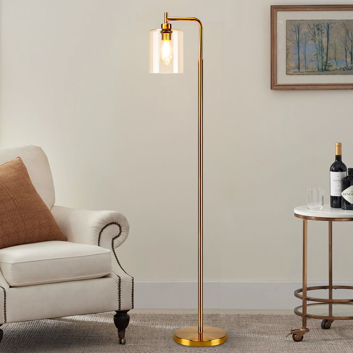 Modern Farmhouse Floor Lamp - Tall Metal Reading Light with Hanging Glass Shade, Industrial Standing Pole Lamp in Brass Finish for Living Room, Bedroom & Office (Bulb Included) | Perfect for Cozy Reading Nooks, Home Office Lighting & Bedside Illumination