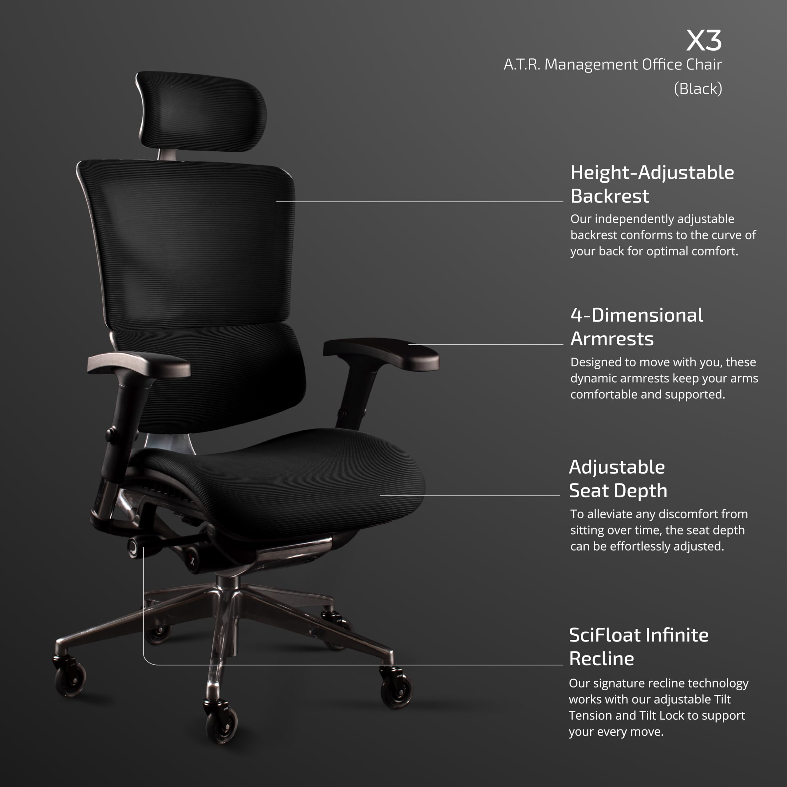 Premium X-Chair X3 Ergonomic Office Chair with Headrest - Black A.T.R. Fabric, Dynamic Lumbar Support & Floating Recline Technology - Highly Adjustable Executive Desk Chair for Home Office, Gaming & Workspace Comfort