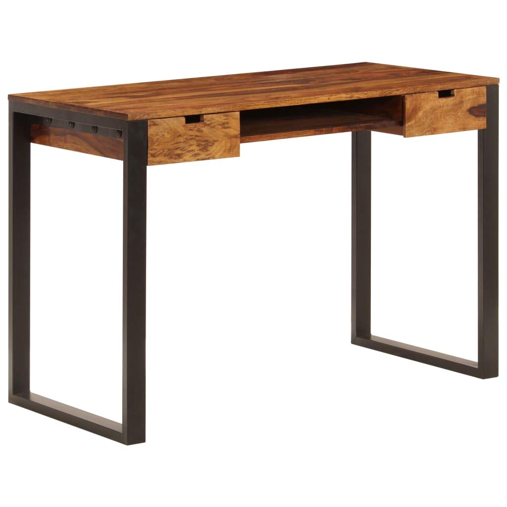Industrial Retro Solid Sheesham Wood Computer Desk with Drawers & Keyboard Shelf | Home Office Writing Table with Sturdy Steel Legs | Perfect for Small Spaces, Gaming Setup & Remote Workstations