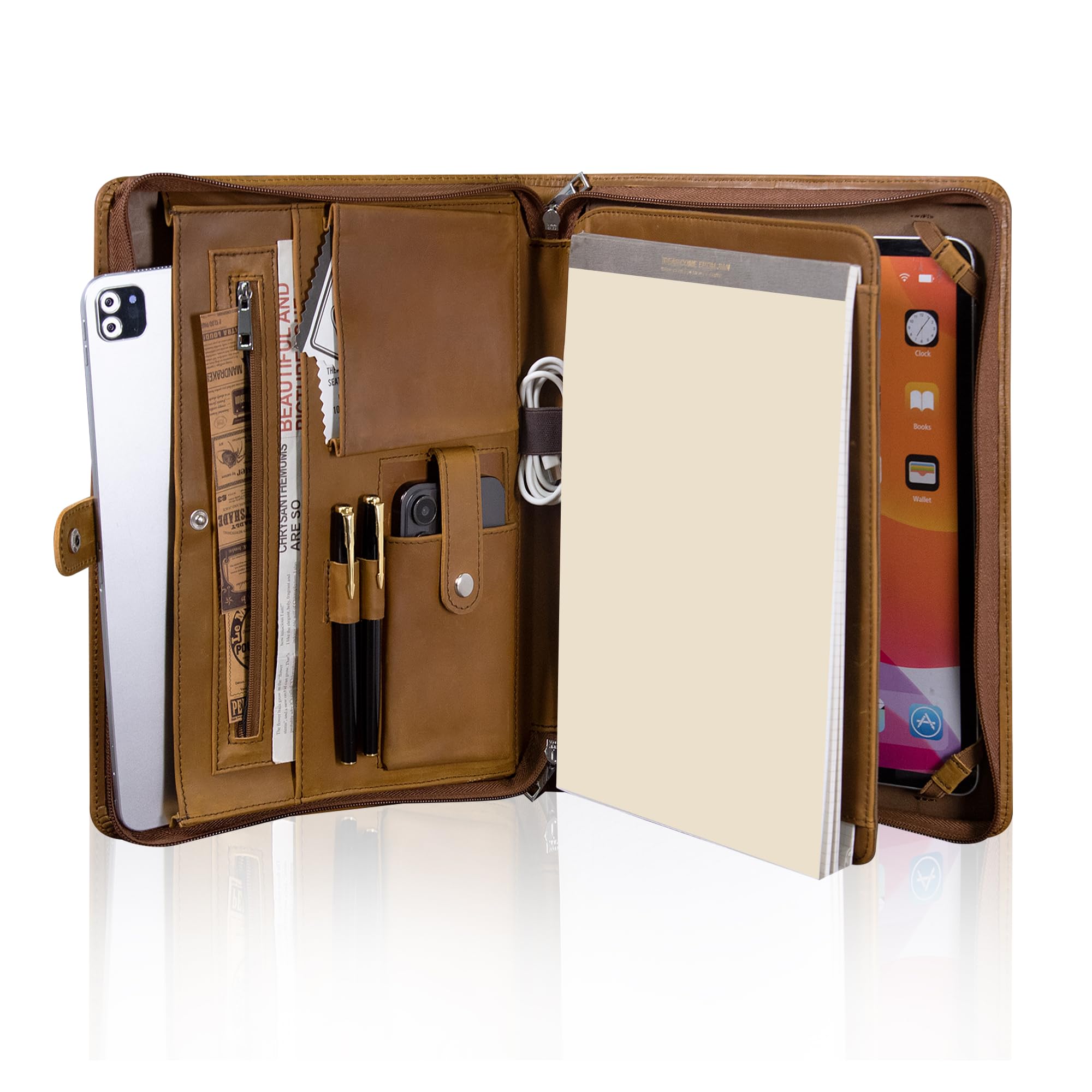Premium Genuine Leather Vintage Portfolio Organizer - Business Resume Zippered Padfolio for A4/Letter Size - iPad 12.9