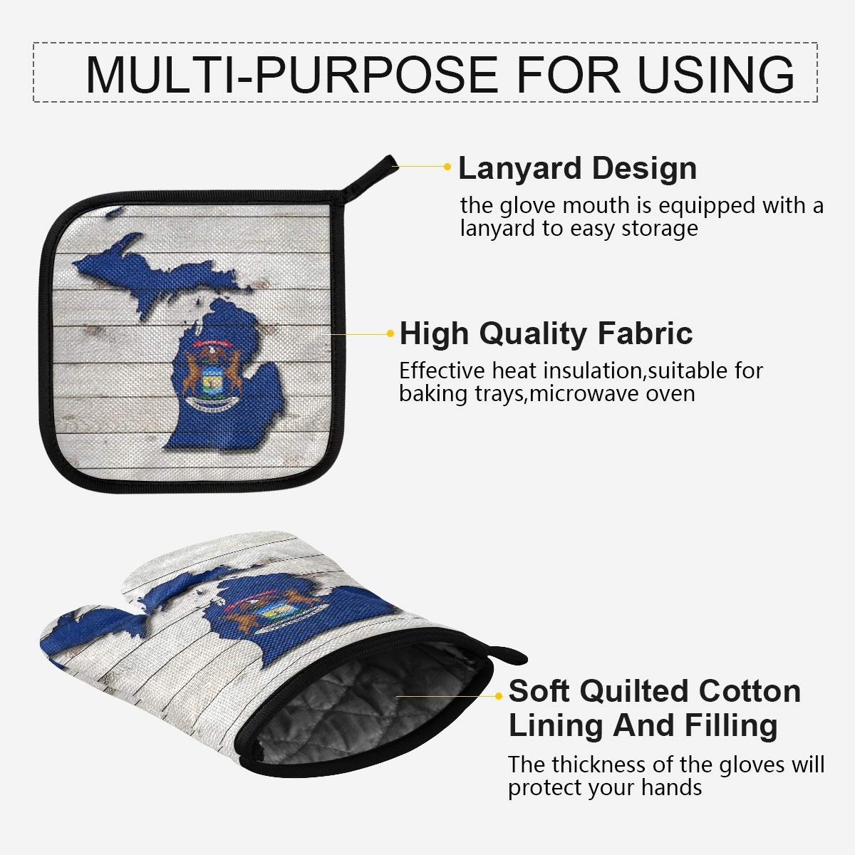 Michigan Flag Map Oven Mitts & Pot Holders Set - Heat Resistant Kitchen Gloves for Cooking, Baking, Grilling - Perfect for Microwave, BBQ & Stove Use