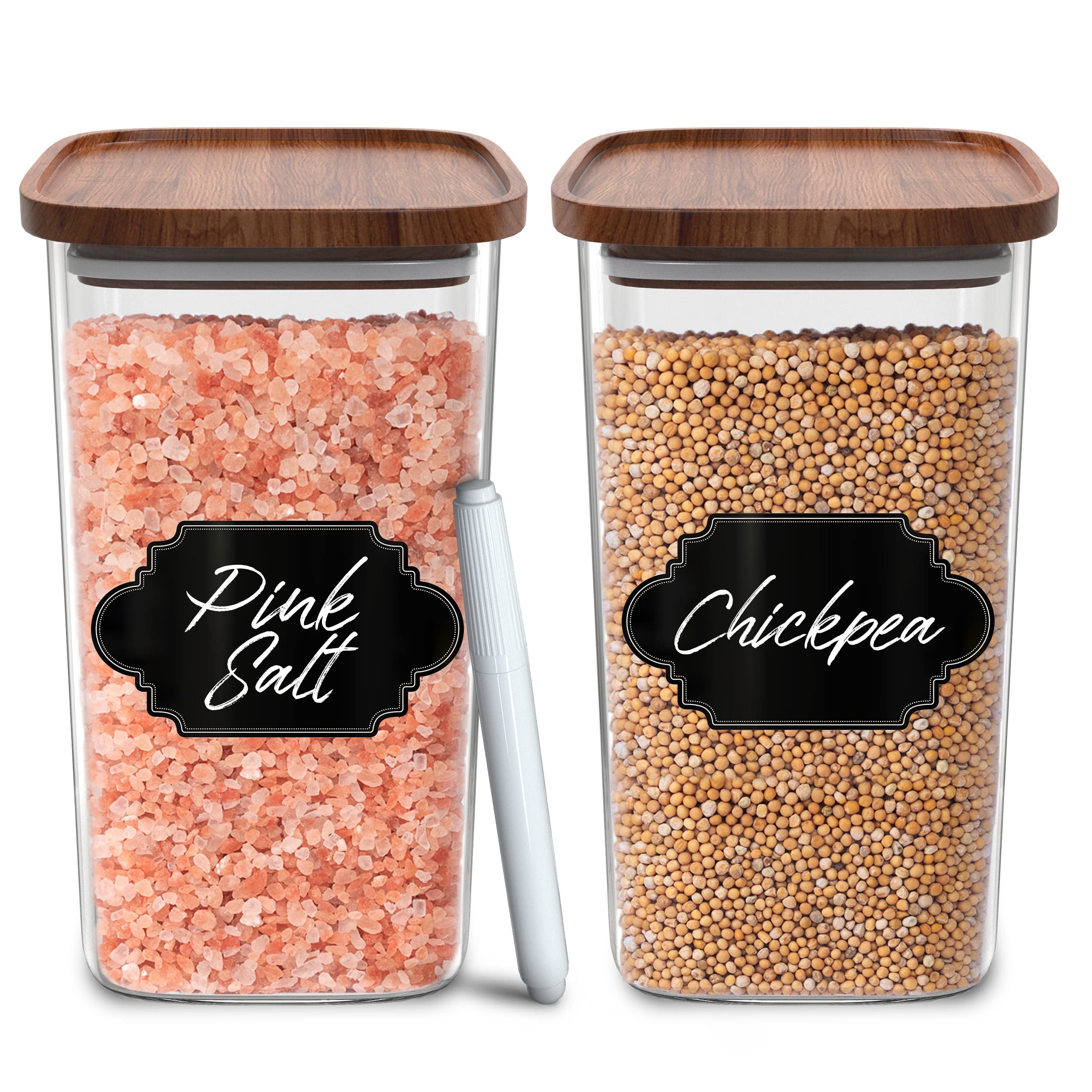 Square Glass Jars with Wood Lids - Set of 2 (52 fl oz) Airtight & Stackable Eco-Friendly Food Storage Containers - BPA Free, Recyclable Canisters for Coffee, Cookies, Pantry Organization - Perfect for Kitchen, Coffee Bar & Home Decor