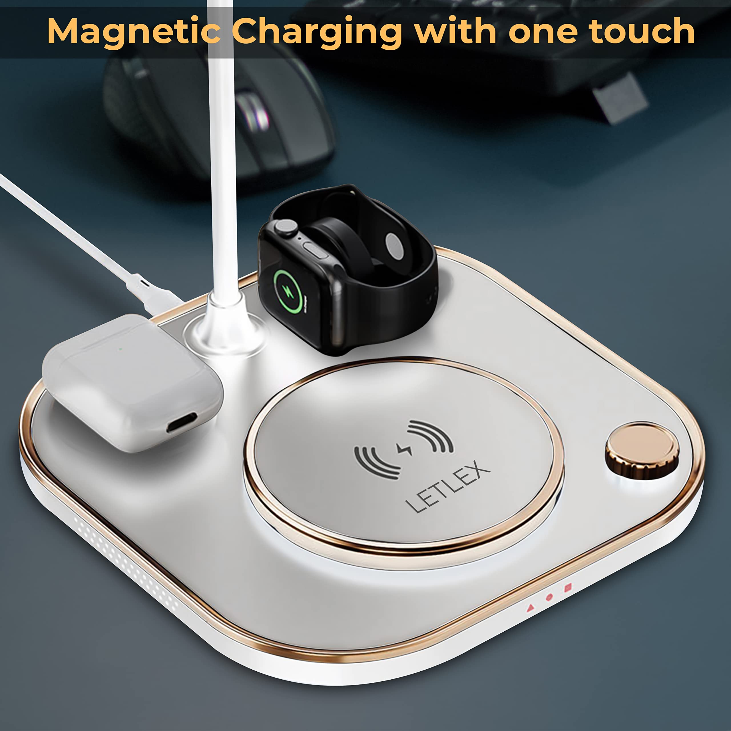 3-in-1 LED Desk Lamp with 15W Qi Wireless Fast Charger for Smartphone, Smartwatch & Earphones - 360° Adjustable Lamp Hose for Home Office, Study & Bedroom