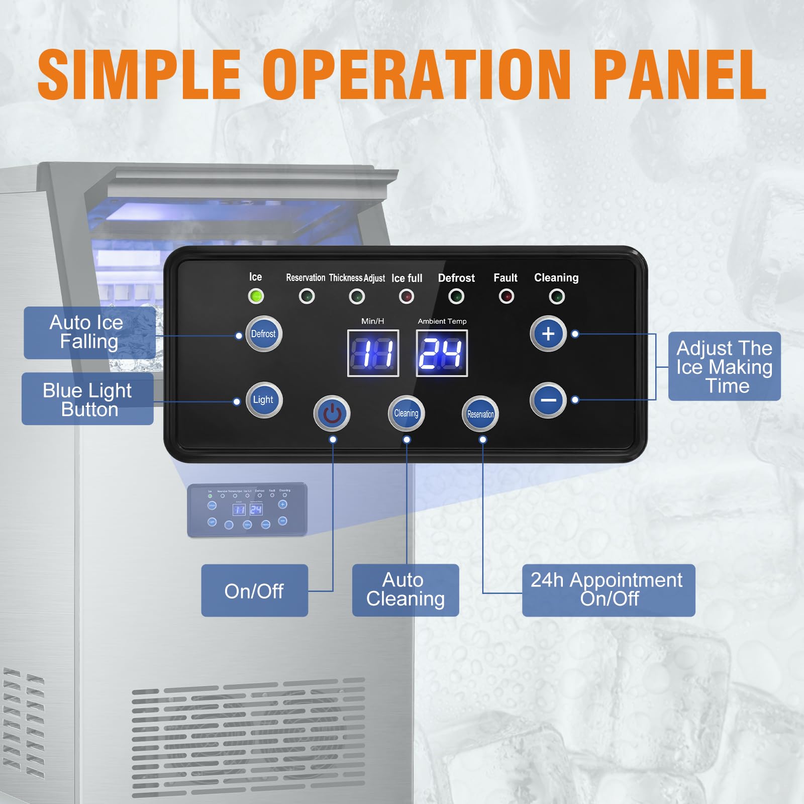 Commercial Ice Maker Machine 120Lbs/24H with 30Lbs Storage Bin - 40 Ice Cubes in 6 Minutes - 2-Way Water Supply Under Counter Freestanding Ice Machine for Home Bar, Office, Restaurant, and Commercial Use - Perfect for Cocktails, Beverages, and Large Gatherings