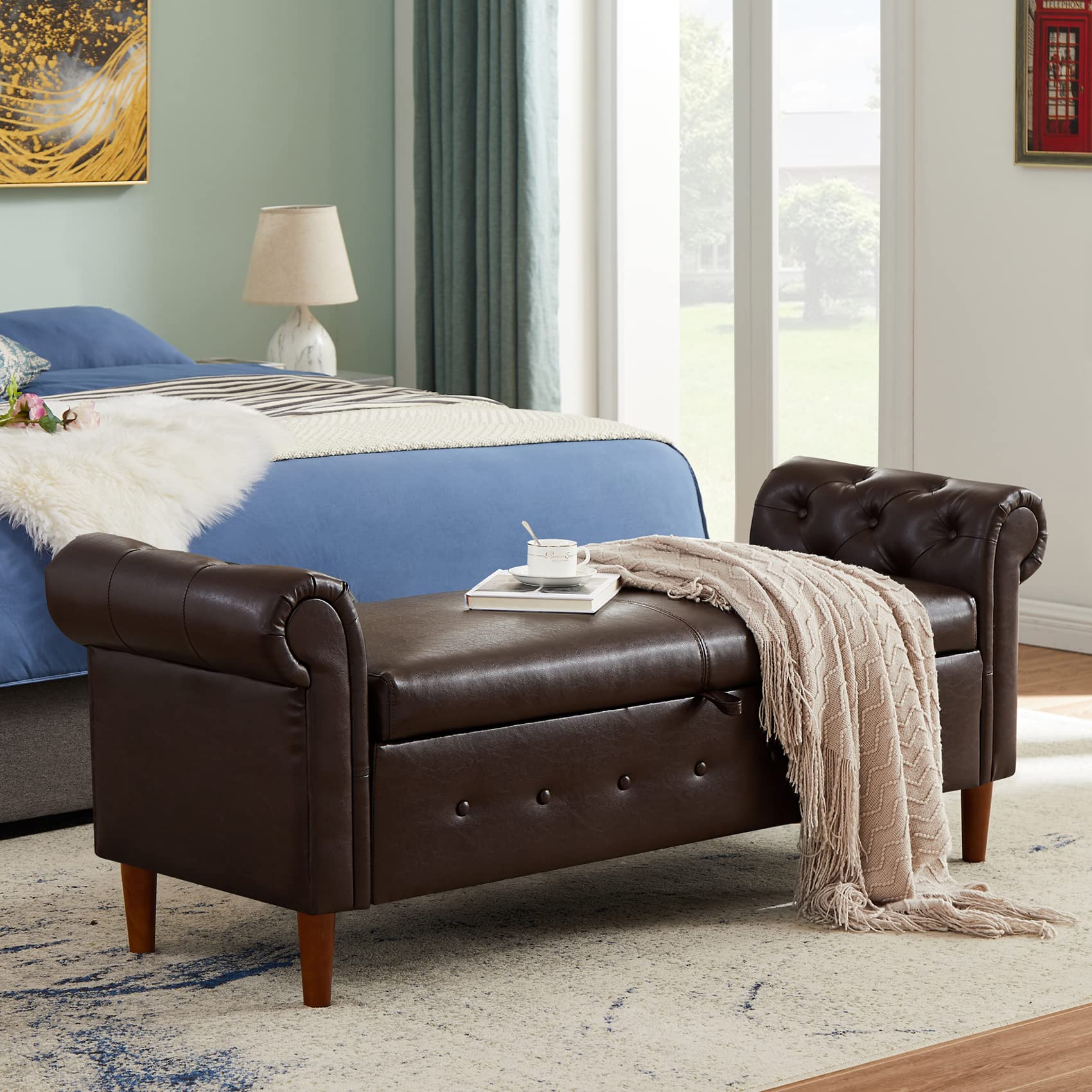 Aoowow Storage Bench - PU Leather Ottoman with Rolled Arms for Bedroom, Living Room, End of Bed, Window Seat, Fireplace - Multi-Functional Toy Storage Bench in Brown - Perfect for Small Spaces, Entryway, and Home Organization