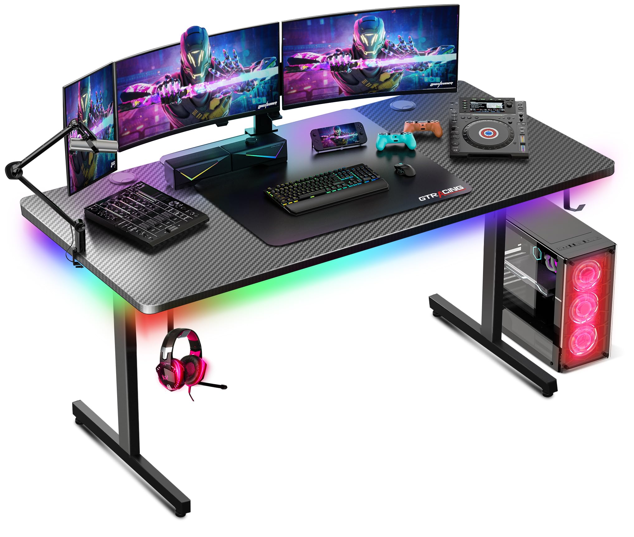 GTRACING 55 Inch LED Gaming Desk with Carbon Fiber Surface, Large Computer Desk with Mouse Pad & Headphone Hook - Home Office & Gaming Workstation for PC Setup (Light Black) | Perfect for Esports, Streaming & Remote Work