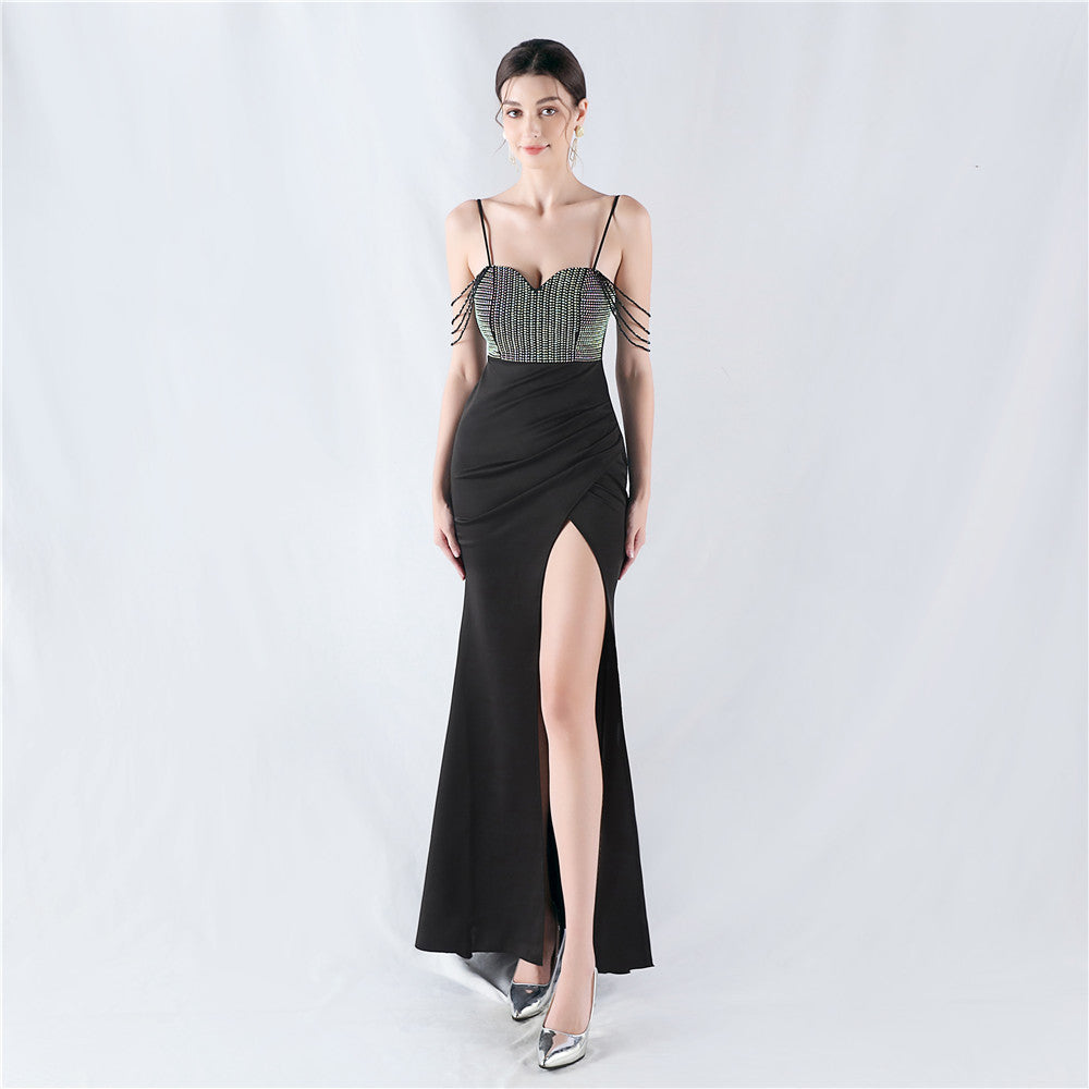 33022 Sexy Diamond Beads High Slit Satin Evening Dress with Garters - Perfect for Prom, Cocktail Parties & Date Nights