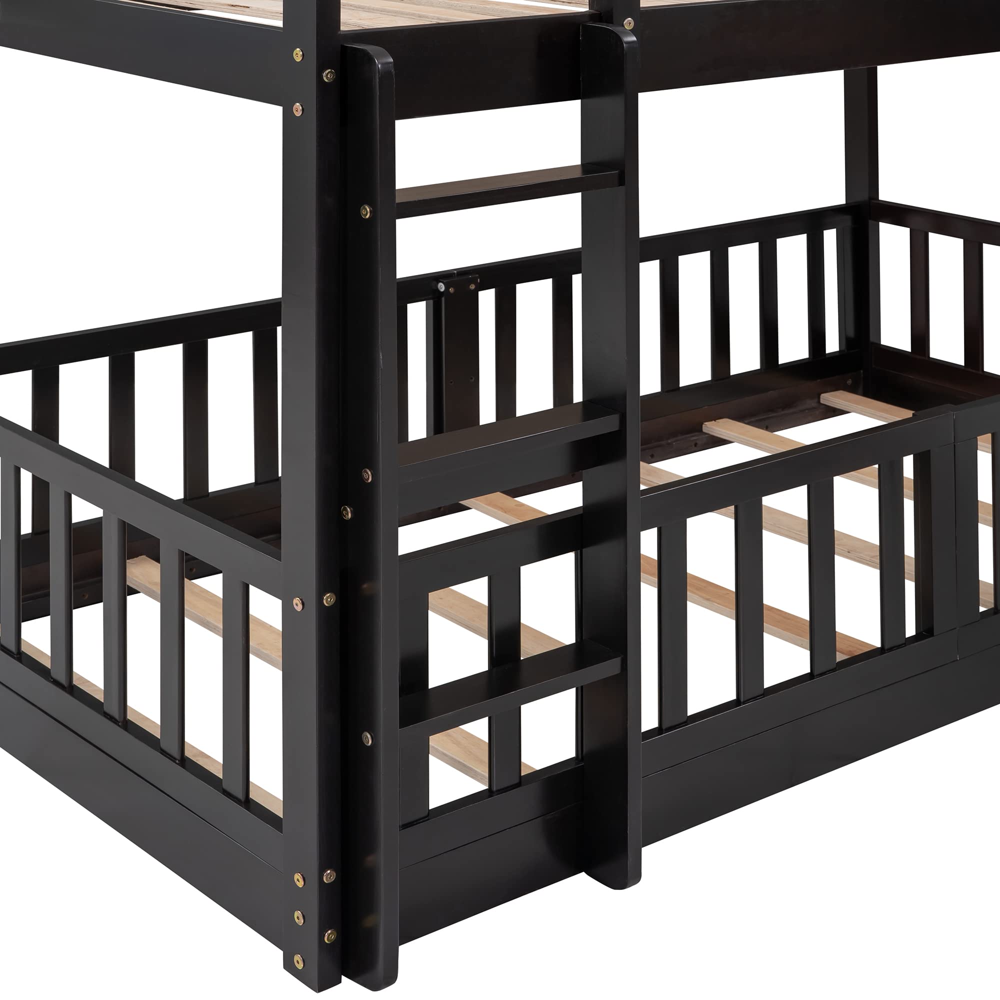 Harper & Bright Designs Twin Over Twin Low Bunk Bed with Slide - Wooden Kids Bunk Bed with Ladder & Safety Guardrail - Space-Saving Bedroom Furniture for Boys & Girls (Espresso Finish) - Perfect for Small Rooms, Shared Kids' Bedrooms & Sleepovers