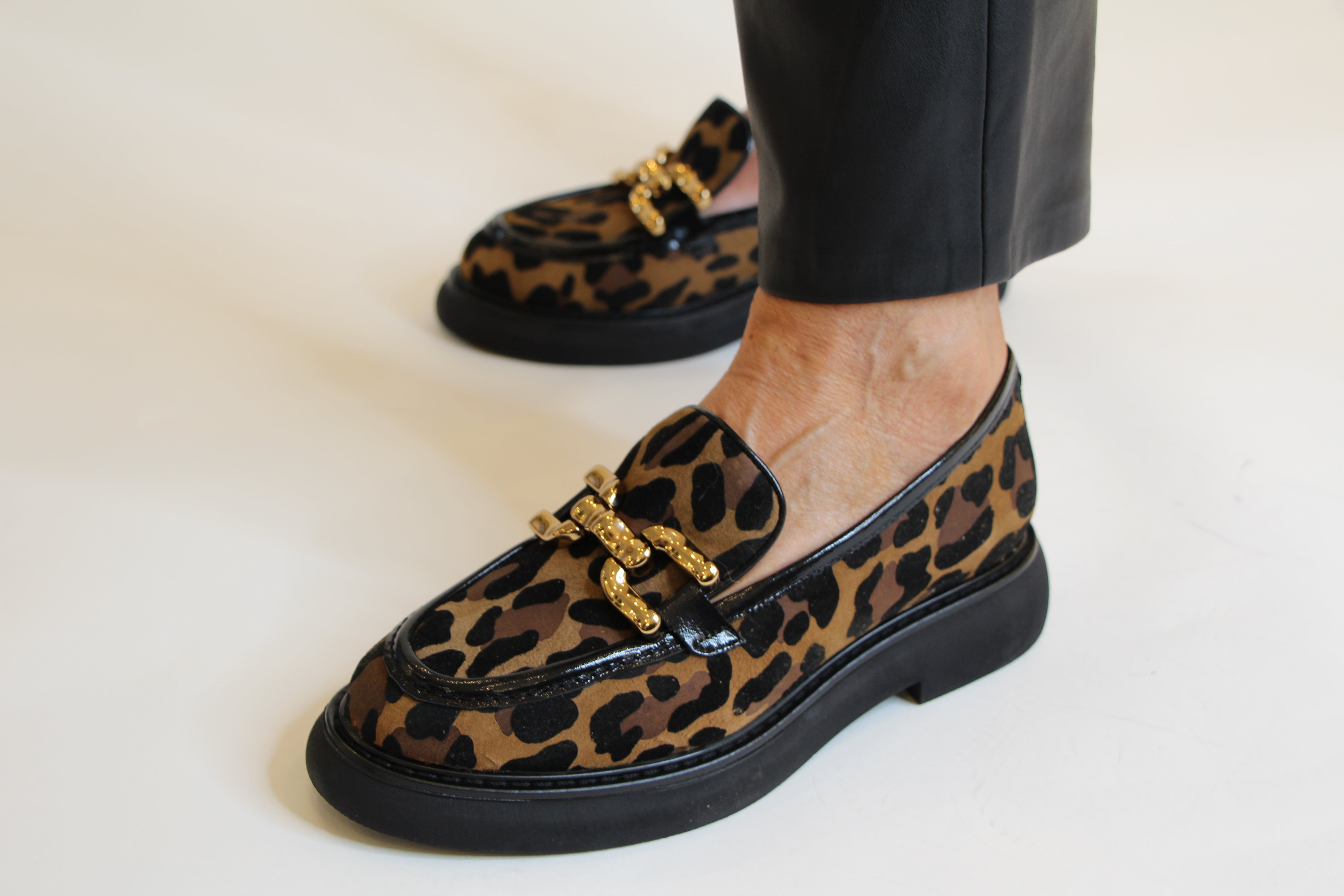 MARIAN Women's Leopard Print Chunky Heel Loafers with Gold Bit Detail - Stylish Slip-On Shoes for Work, Office & Casual Outfits