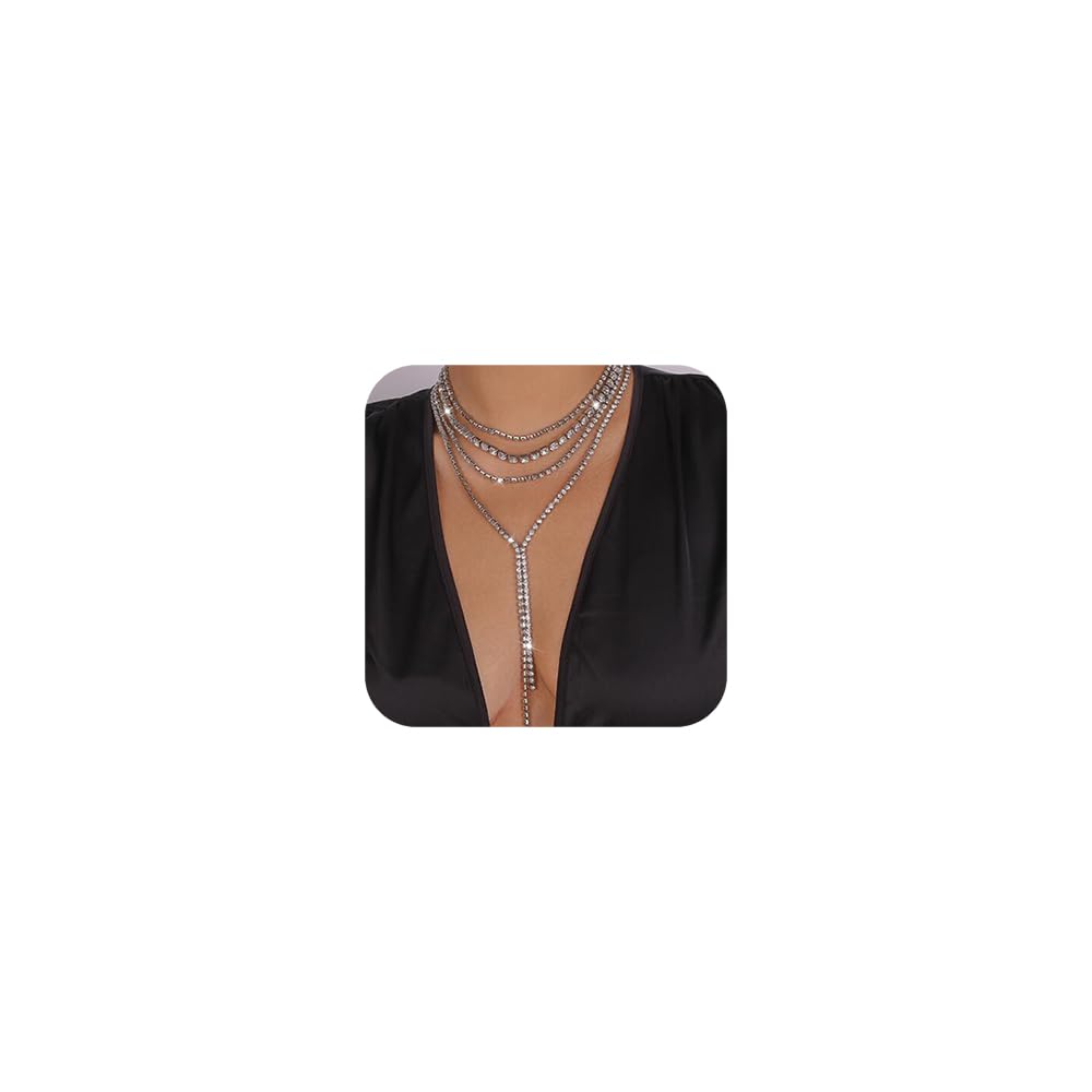 Missgrace 4 Tier Sexy Shiny Layered Y Long Choker Necklaces - Rhinestone Crystal Chain Sparkly Statement Necklace for Women - Perfect for Parties, Weddings, Date Nights & Special Occasions