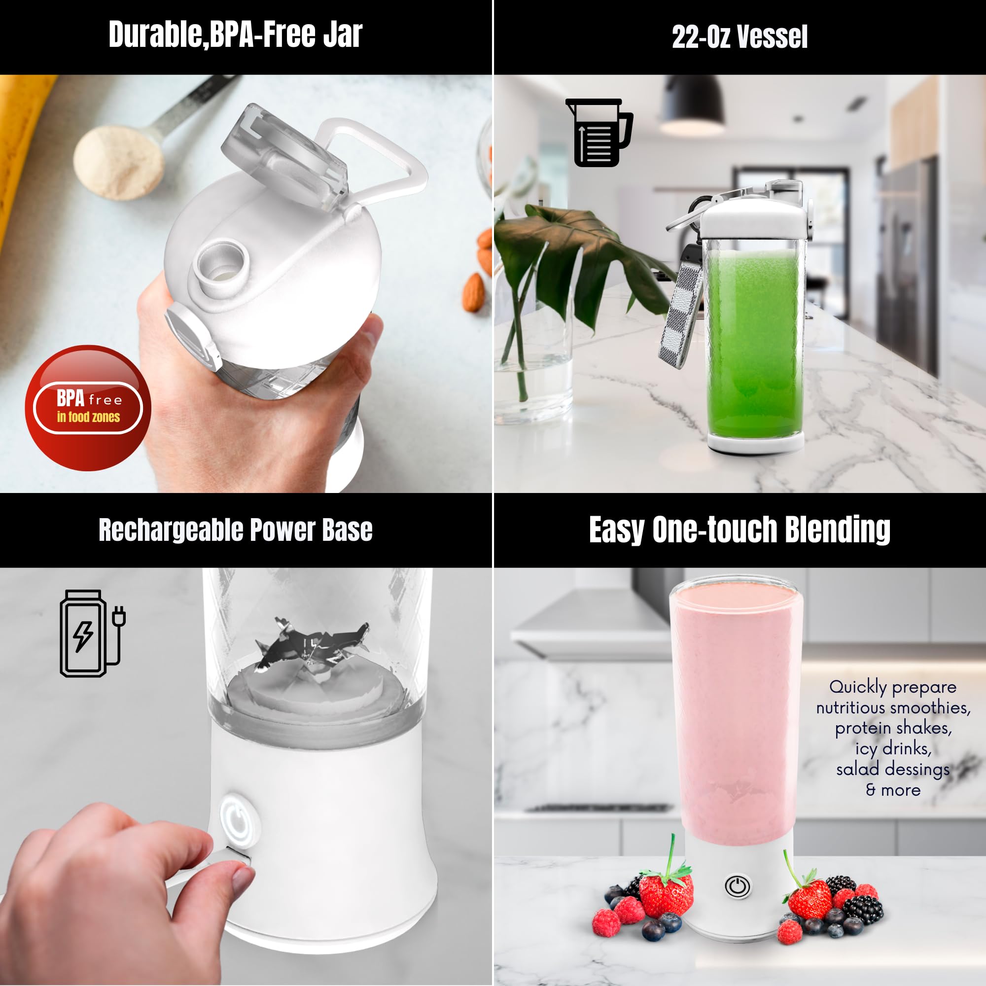 SSKAWorldwide 21oz Portable Blender - Rechargeable Personal Smoothie Maker with 6 Stainless Steel Blades, USB Charging, Perfect for Shakes, Juices & Protein Drinks at Home, Office, Gym, Travel & Outdoor Activities (White)