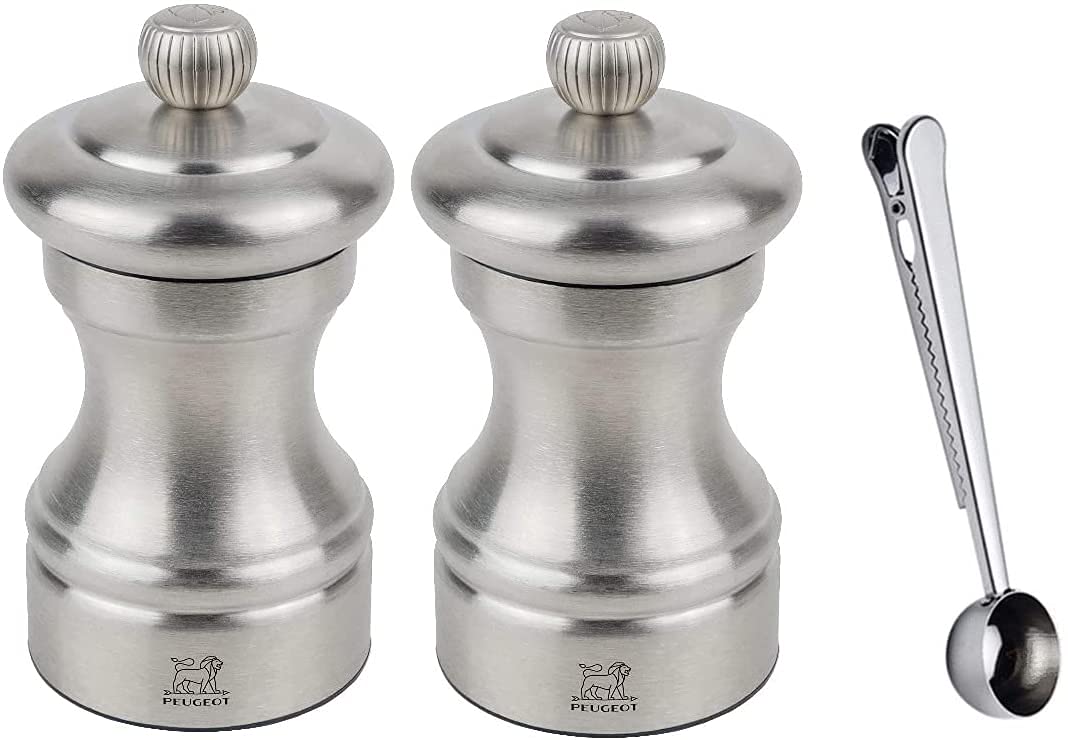 Peugeot Bistro Chef Manual Salt and Pepper Mill Set - Premium Stainless Steel Grinder (10cm/4in) with Spice Scoop & Bag Clip - Perfect for Kitchen, Dining Table & Gourmet Cooking Gifts