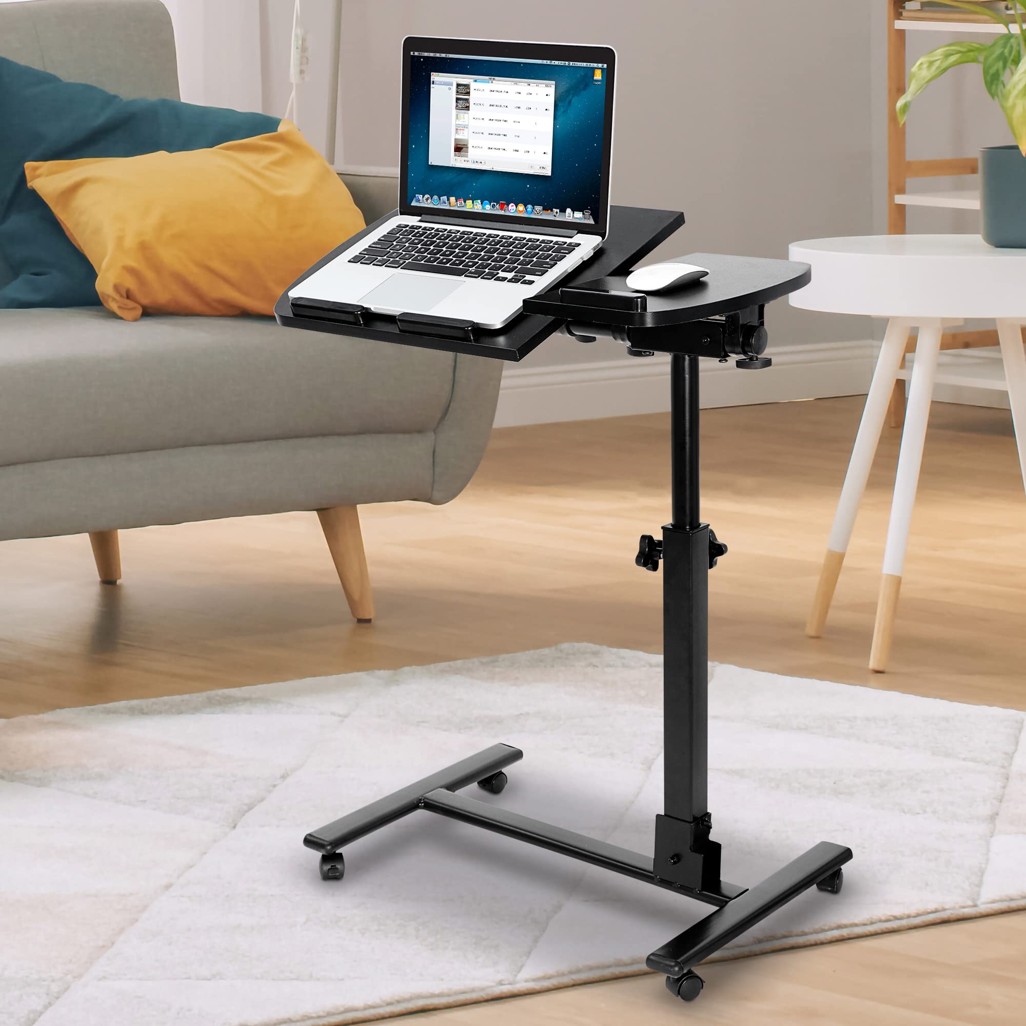 Adjustable Overbed Rolling Laptop Stand with Lockable Wheels - Height & Angle Adjustable Mobile Table for Sofa, Bed & Hospital Use - Perfect for Work, Study & Patient Care