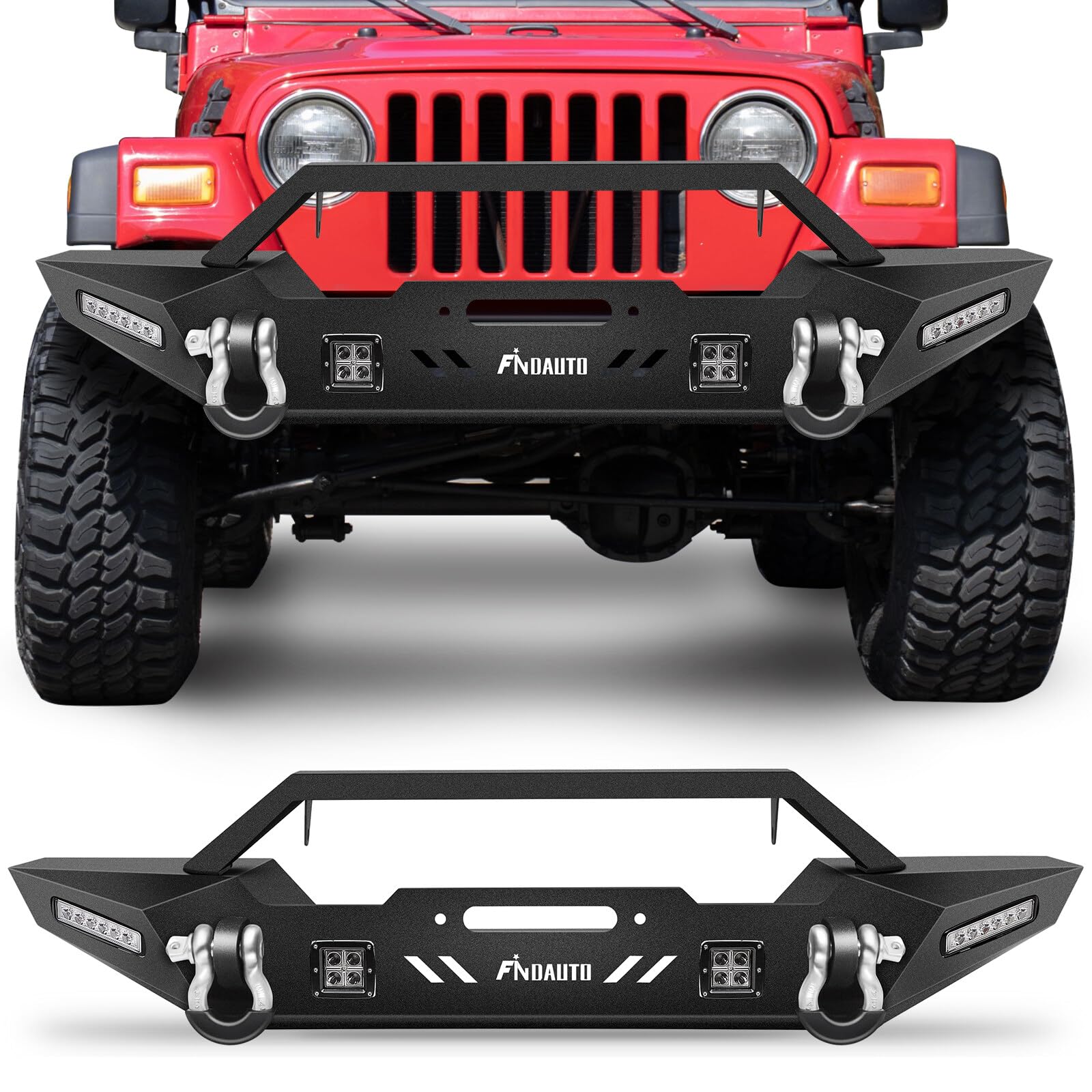 **FINDAUTO Upgraded Textured Black Rock Crawler Front Bumper with D-Ring & Winch Plate & LED Lights - Compatible with 1987-2006 Jeep Wrangler (TJ, YJ) - Perfect for Off-Roading, Rock Crawling & Adventure**