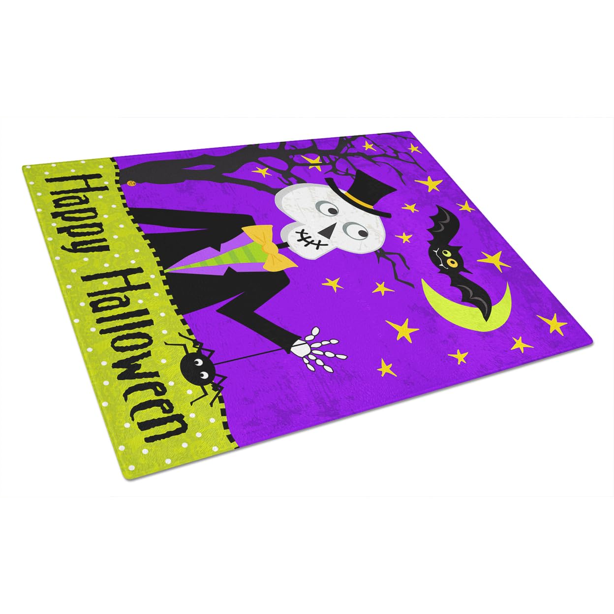 Happy Halloween Skeleton Glass Cutting Board - Large Tempered Glass Kitchen Chopping & Serving Board - Durable Decorative Cutting Surface for Halloween Parties, Kitchen Prep & Home Decor