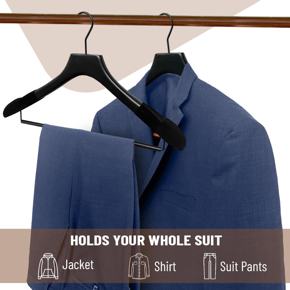 Premium Wooden Hangers with Rollbar - Heavy Duty Non-Slip Coat Hangers for Suits & Pants - Wide Shoulder Design (Black with Black Velvet, 6-Pack) - Perfect for Closet Organization & Luxury Wardrobe Storage
