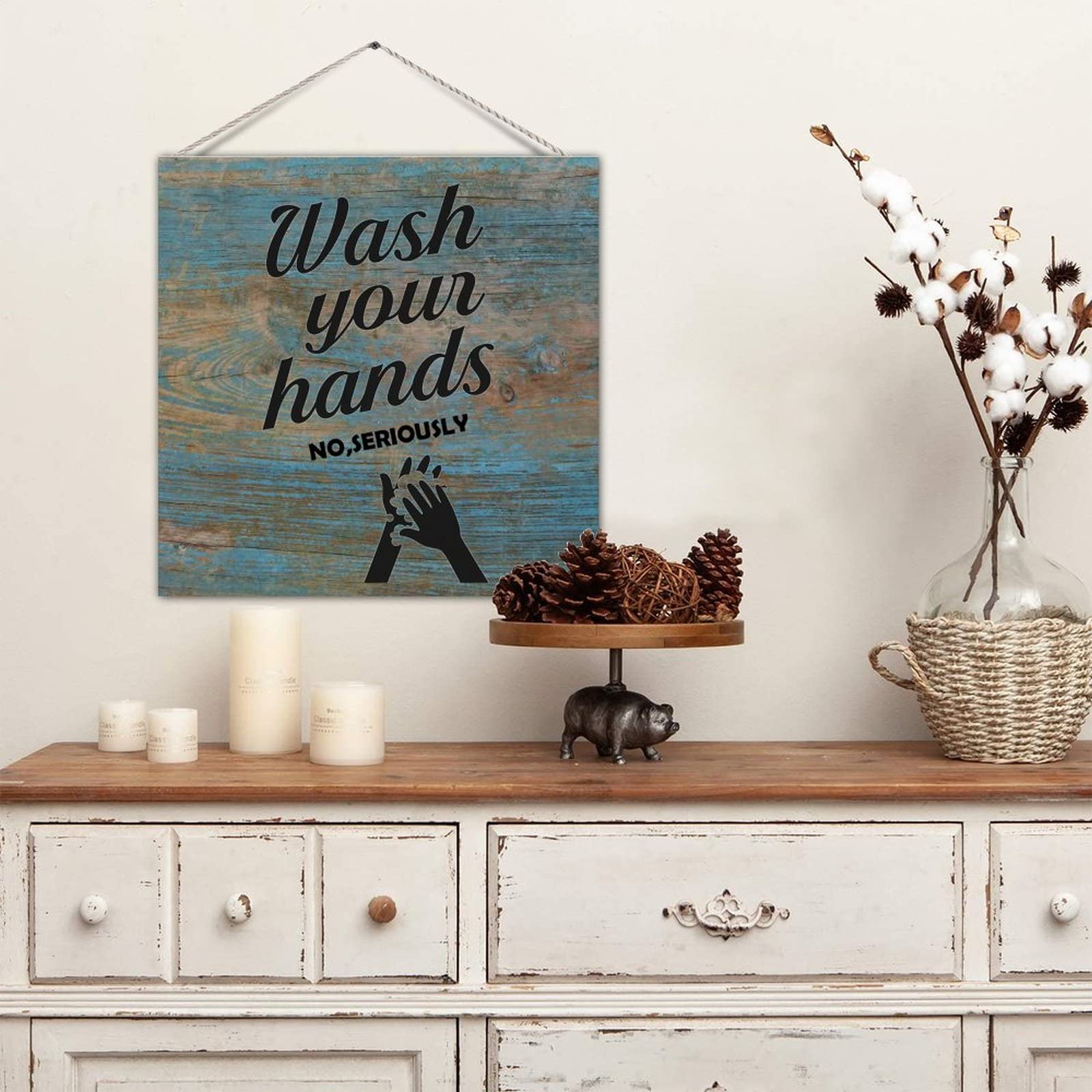 Funny Wash Your Hands Wood Sign - Bathroom Wall Decor for Restroom & Home
