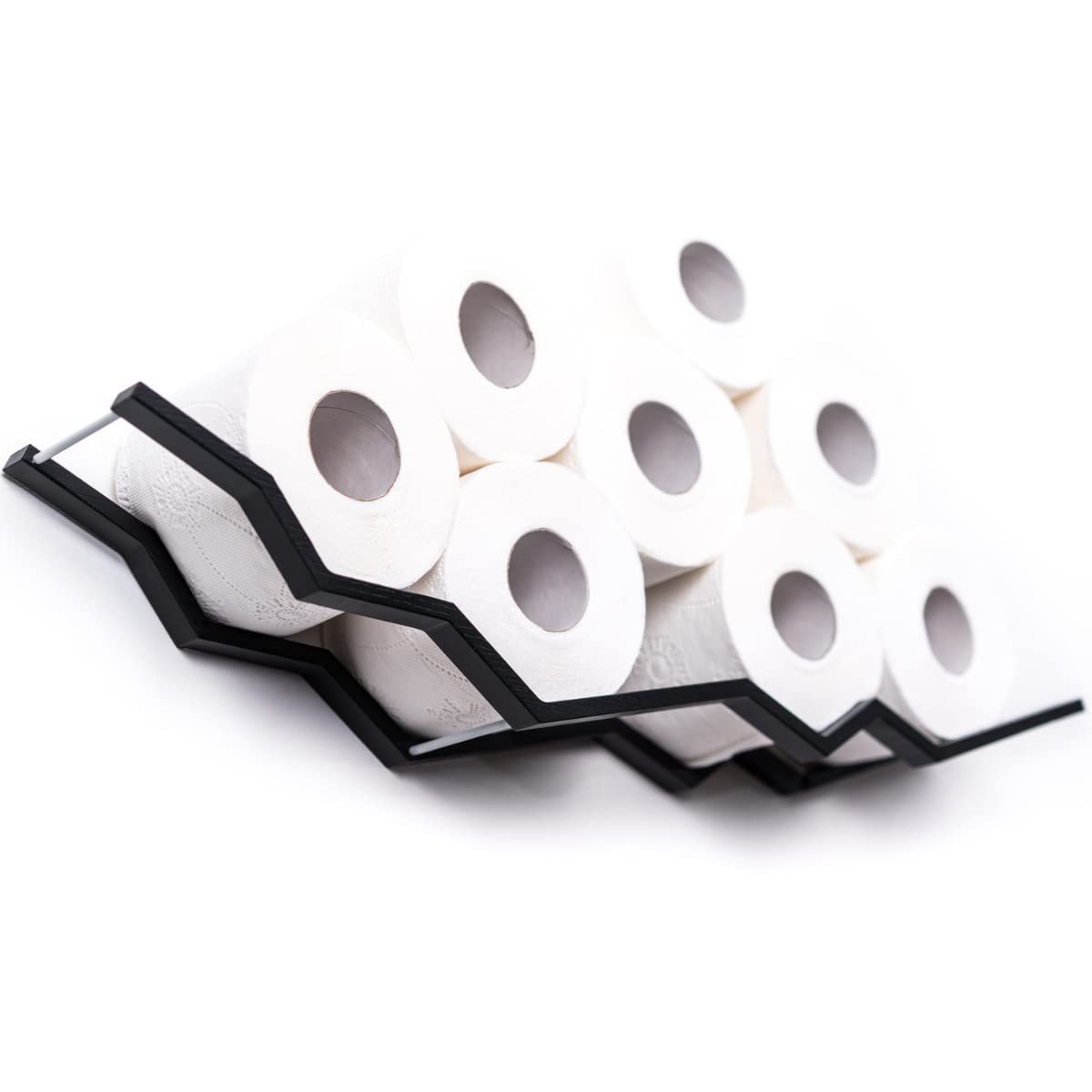 Black Wooden Toilet Paper Holder & Bathroom Shelf - Space-Saving Zigzag Design for Towel & Tissue Storage - Perfect for Small Bathrooms, Powder Rooms & RVs