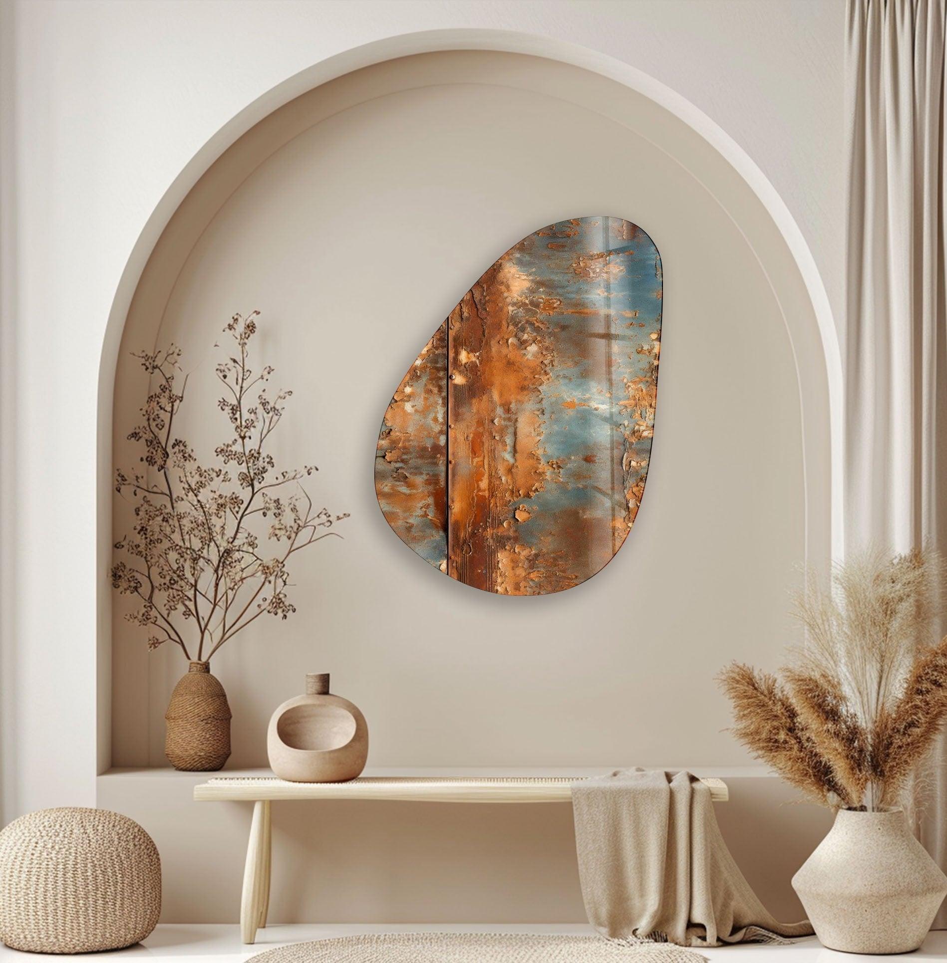 Modern Asymmetrical Oval Abstract Rusty Glass Wall Art Decor - Handmade Rustic Home & Office Decoration for Living Room, Bedroom, or Dining Area