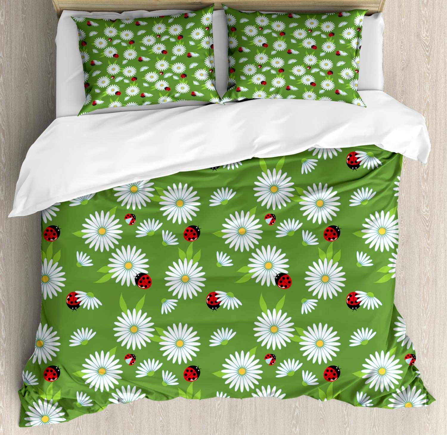 Ambesonne Ladybugs Duvet Cover Set - Chamomile Bouquet Botanical Floral Design on Green Background, 2-Piece King Size Bedding Set with 4 Pillowcases, Vermilion Yellow - Perfect for Spring Bedroom Decor & Nature-Themed Home Styling