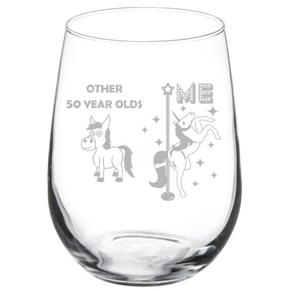50th Birthday Wine Glass Goblet - 17 oz Stemless Funny Unicorn Design for Women, Men, Anniversary & Milestone Celebrations - Perfect for Parties, Gifts & Special Occasions
