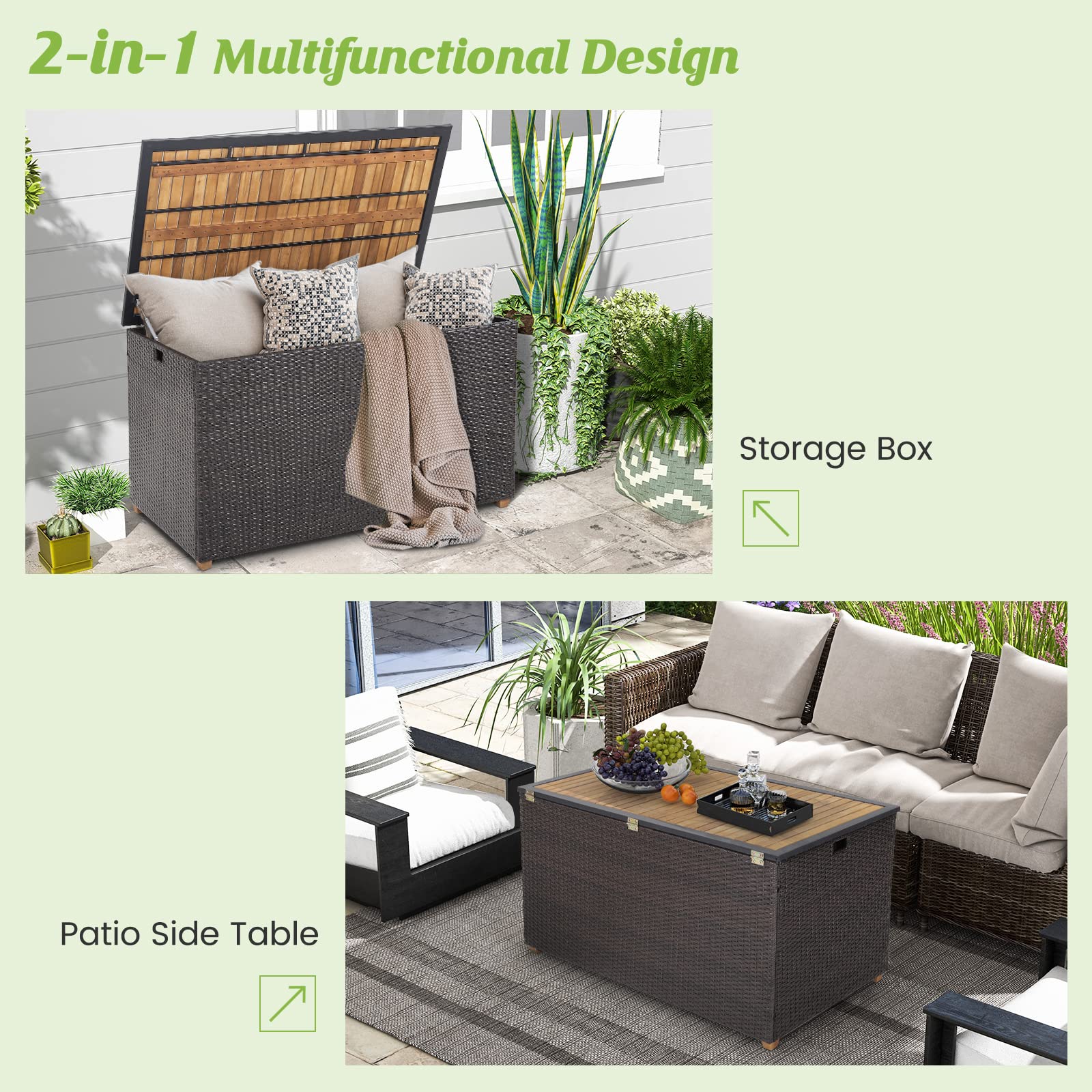 HAPPYGRILL 134 Gallon Rattan Deck Box with Zippered Liner - Waterproof Outdoor Storage Container with Acacia Wood Top & Feet, Effort-Saving Pneumatic Rod - Perfect for Patio, Porch, Backyard, Garden Organization & Cushion Storage