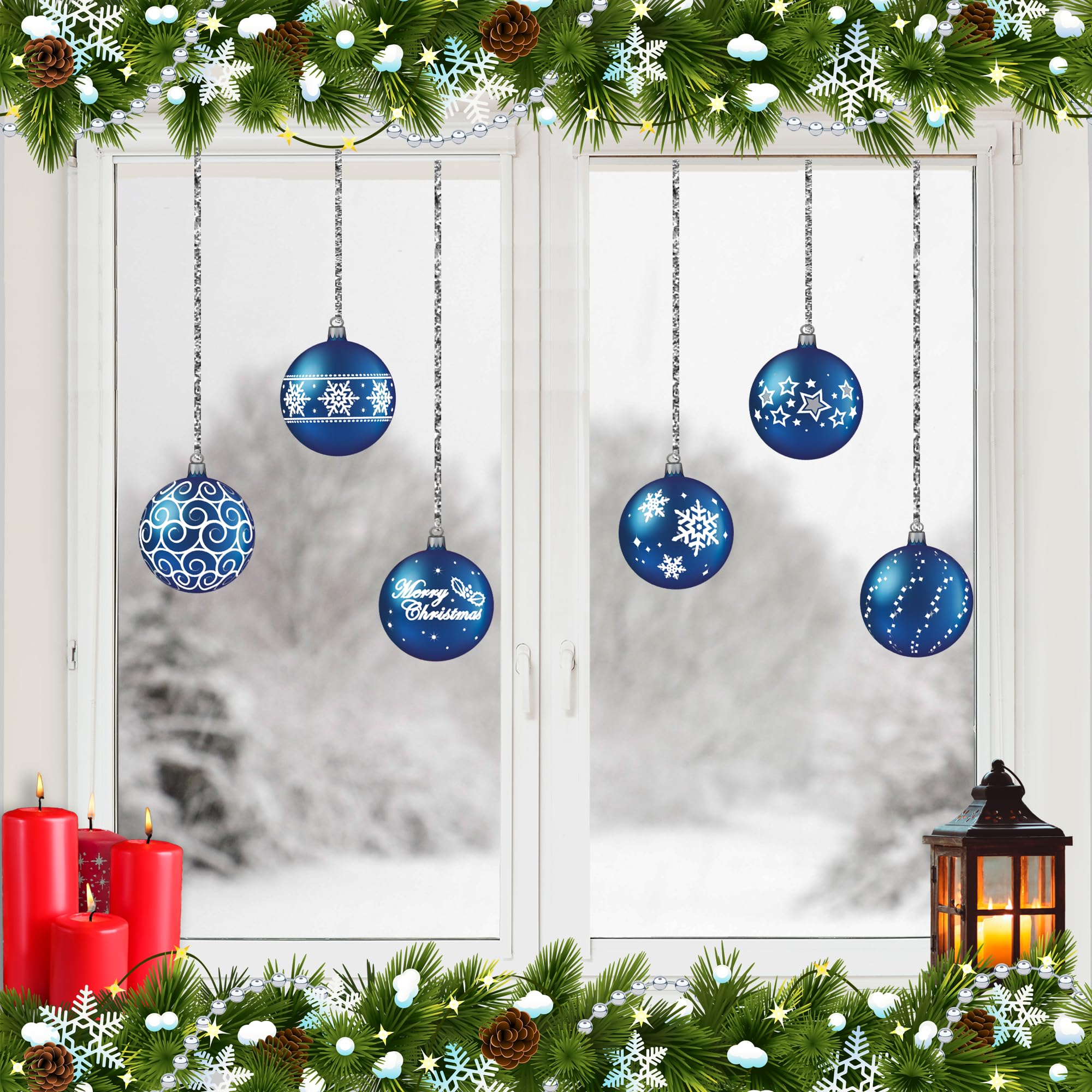 12 Pack Blue Glitter Window Clings with Strings - Holiday & Seasonal Decor for Windows, Glass Doors, and Office Partitions - Christmas, Halloween, and Party Decoration