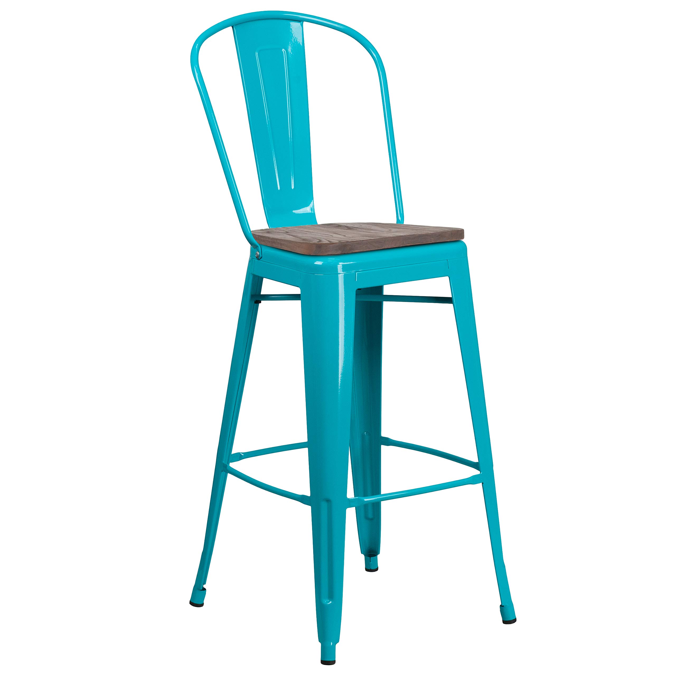 EMMA + OLIVER 30 Inch Teal Blue Metal Bar Stool with Wood Seat and Back Support - Perfect for Kitchen Island, Breakfast Nook & Home Bar Decor