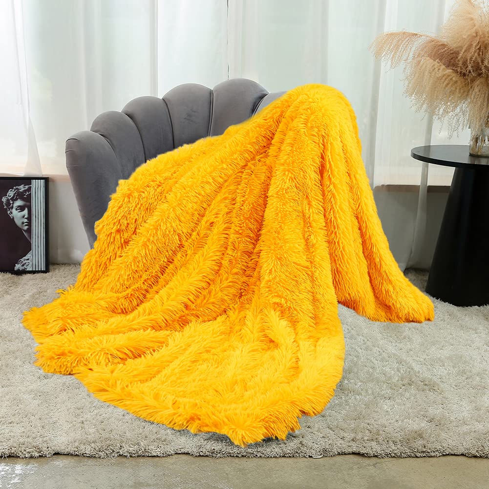 KYUNHOO Plush Mustard Yellow Blanket - Super Soft Fuzzy Reversible Velvet Throw Blanket for Girls, Kids & Teens (63x79 Inches) | Warm Cozy Bed Blanket for Winter, Couch, Sofa & Home Decor