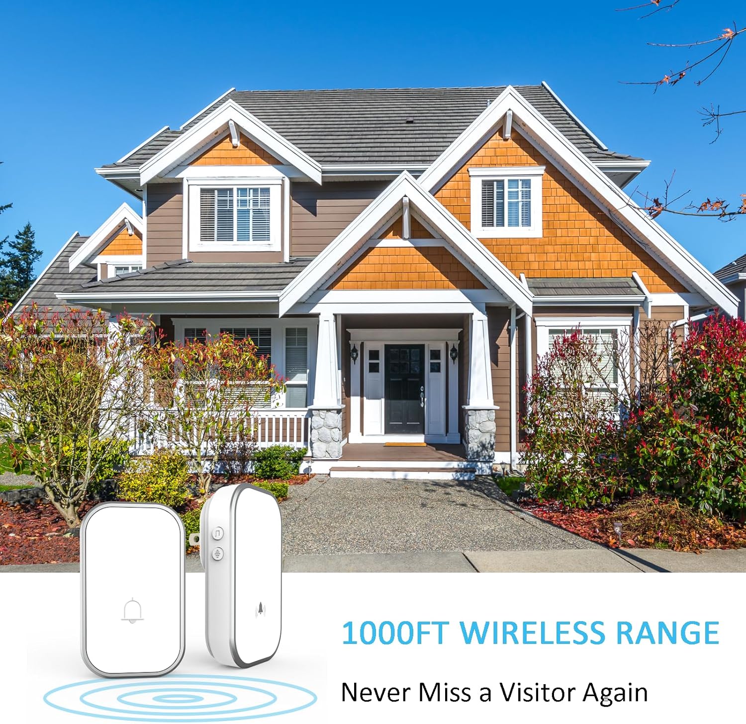 Wireless Doorbell with 38 Ring Tones, 1000ft Range, LED Indicator & Adjustable Volume - Battery Operated Push Button & Plug-in Receiver for Home, Office, Classroom, Bedroom, Kids Room - Ideal for Elderly, Hearing Impaired & Large Houses