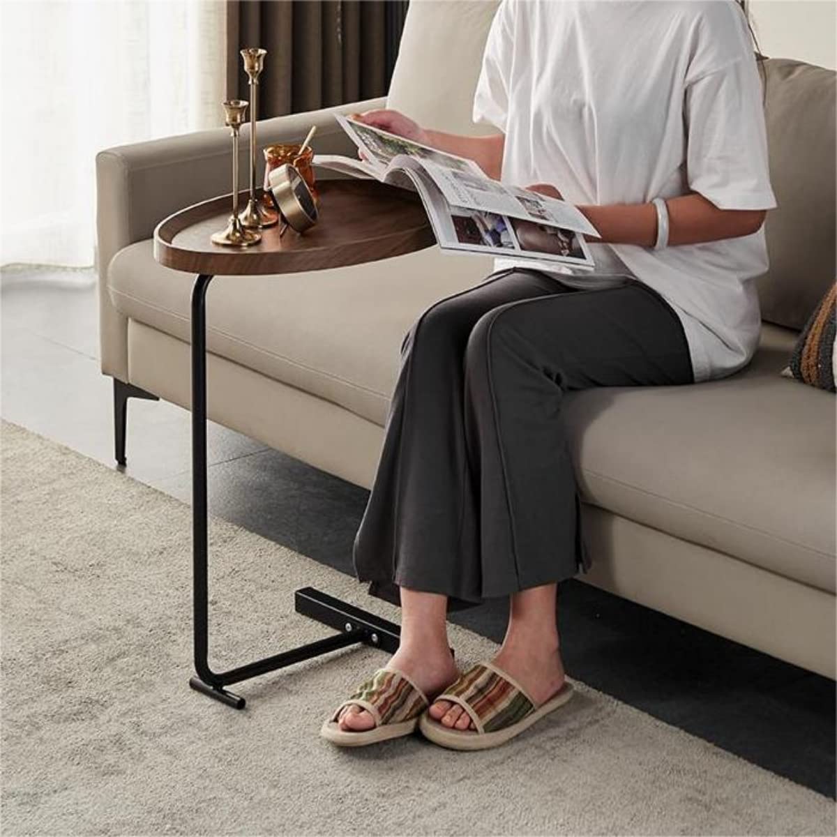 Gdrasuya10 Small C-Shaped Sofa Side Table - 18x12 Inch Almond End Table with Tray Top for Living Room, Bedroom, Office - Perfect for Coffee, Books, Lamps & Home Decor