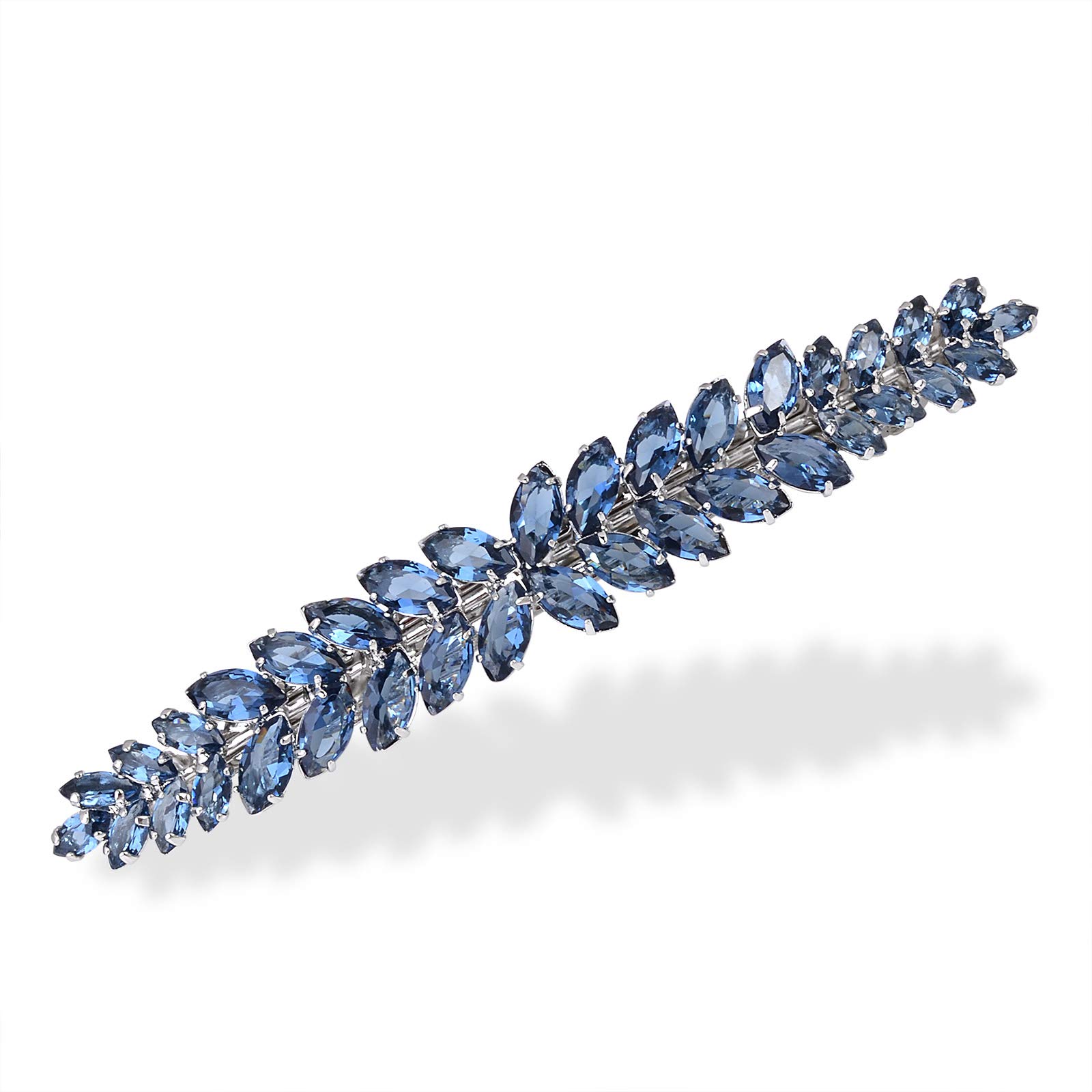 Sparkly Crystal Flower Leaf Hair Barrette Clips - Elegant Bridal Wedding Prom Party Hair Accessories for Women (Navy) | Perfect for Special Occasions & Everyday Glam