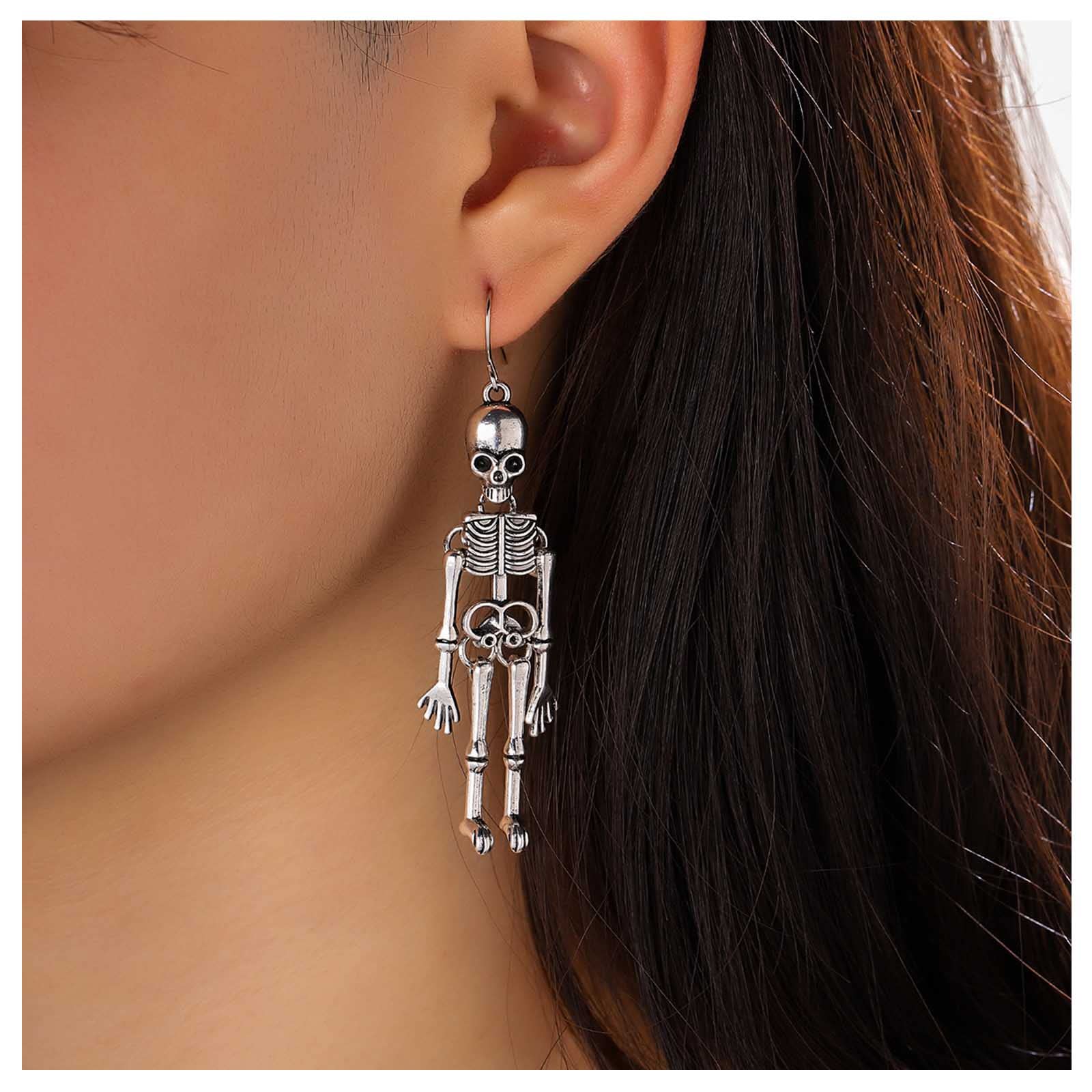 Gothic Skeleton Earrings - Silver Skull Dangle Earrings for Women | Vintage Bone Drop Earrings | Halloween Jewelry Gift for Girls | Perfect for Goth Fashion, Costume Parties & Dark Aesthetic Outfits
