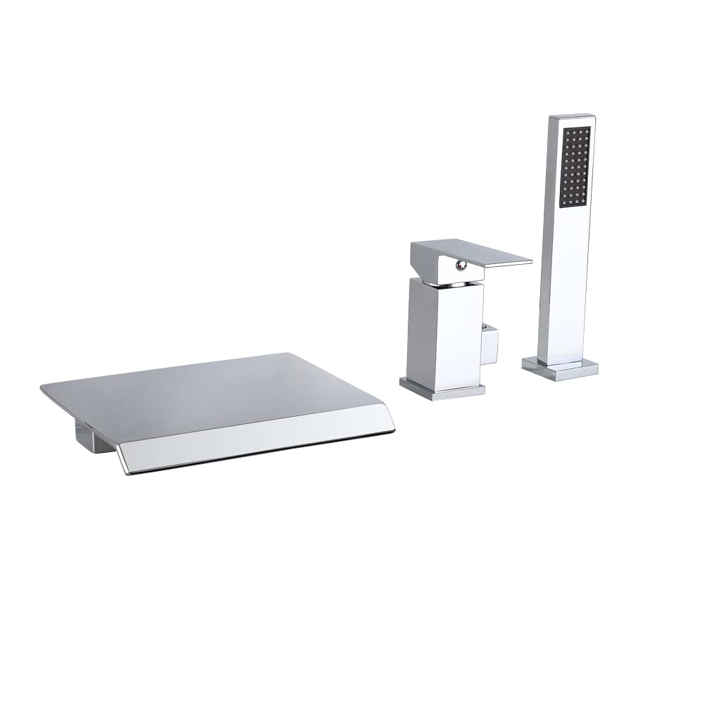 Deck Mounted Roman Bathtub Faucet with Hand Shower - Widespread Waterfall Tub Filler Combo Set in Chrome Finish | Perfect for Luxury Bathroom Renovations & Spa-Like Showers
