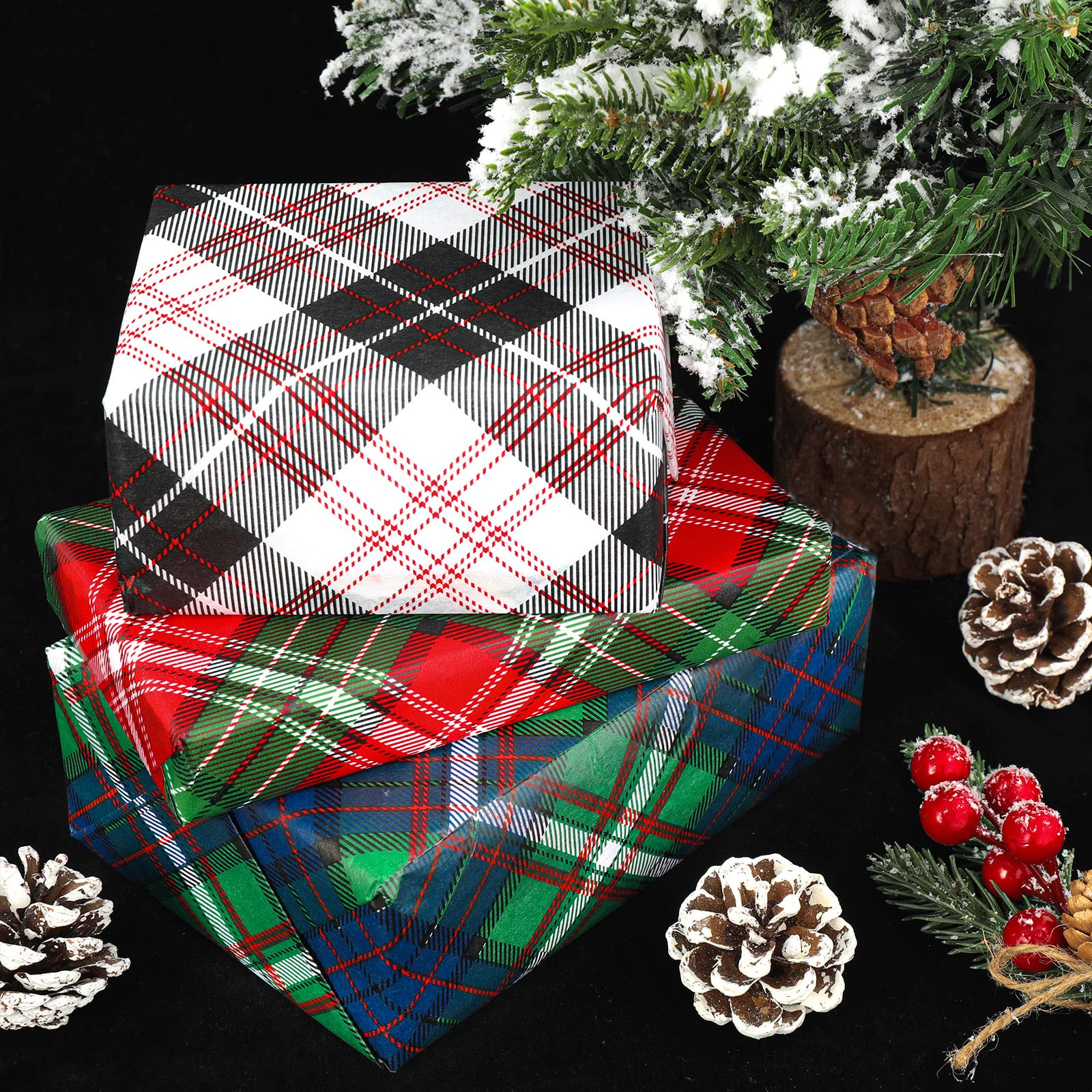 Whaline Christmas Buffalo Plaid Wrapping Paper - 90 Sheets of Blue, Red, Green, White & Black Rustic Tissue Paper for DIY Gift Bags, Crafts, Home Decor | Perfect for Holiday Presents, Xmas Tree Decorations & New Year Party Supplies