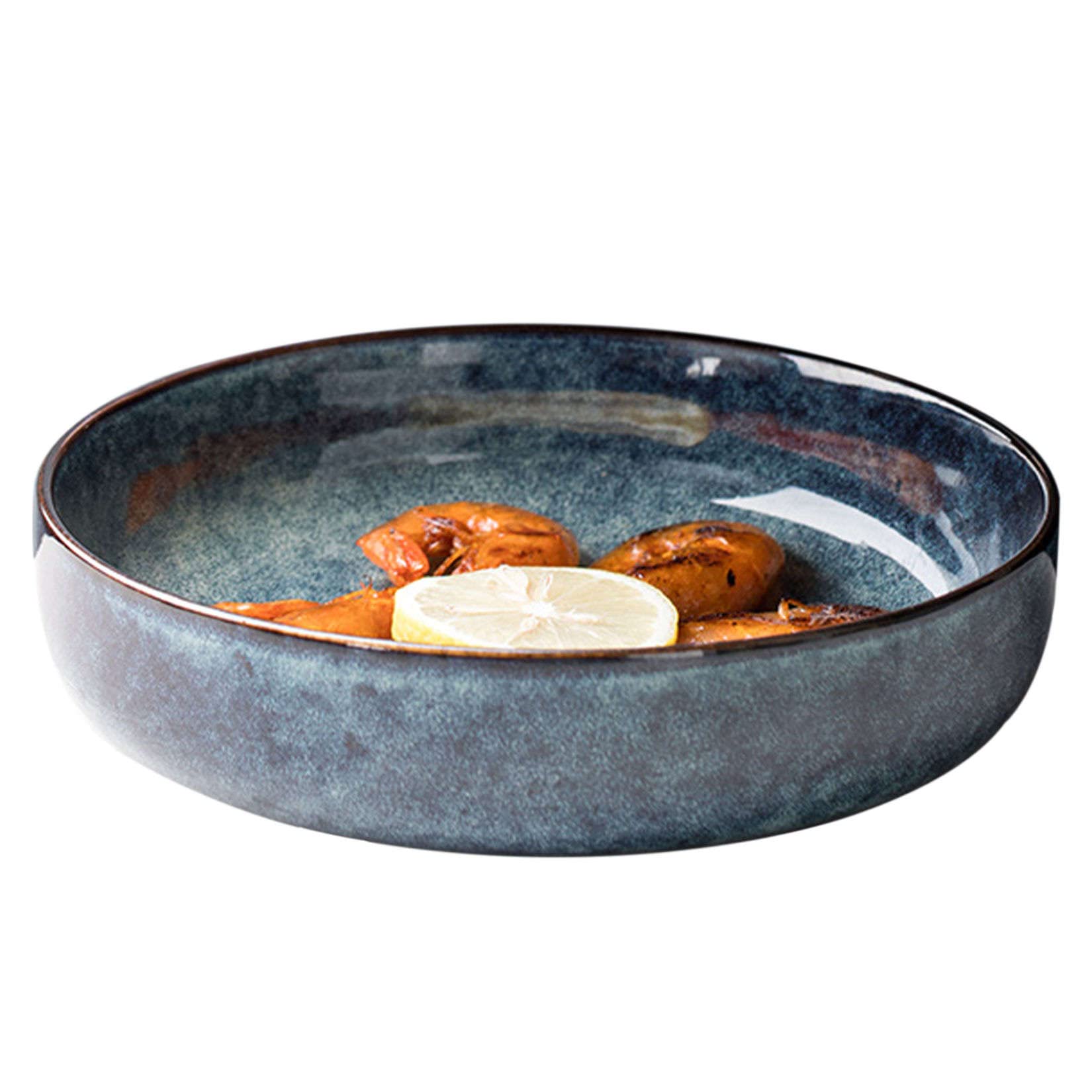 Qeeadeea 35oz Ceramic Soup Bowl - Stackable Pasta Plate, Salad Dish & Steak Plate - Microwave & Oven Safe - Durable Dinnerware for Restaurants, Home Kitchen & Outdoor Dining - Blue
