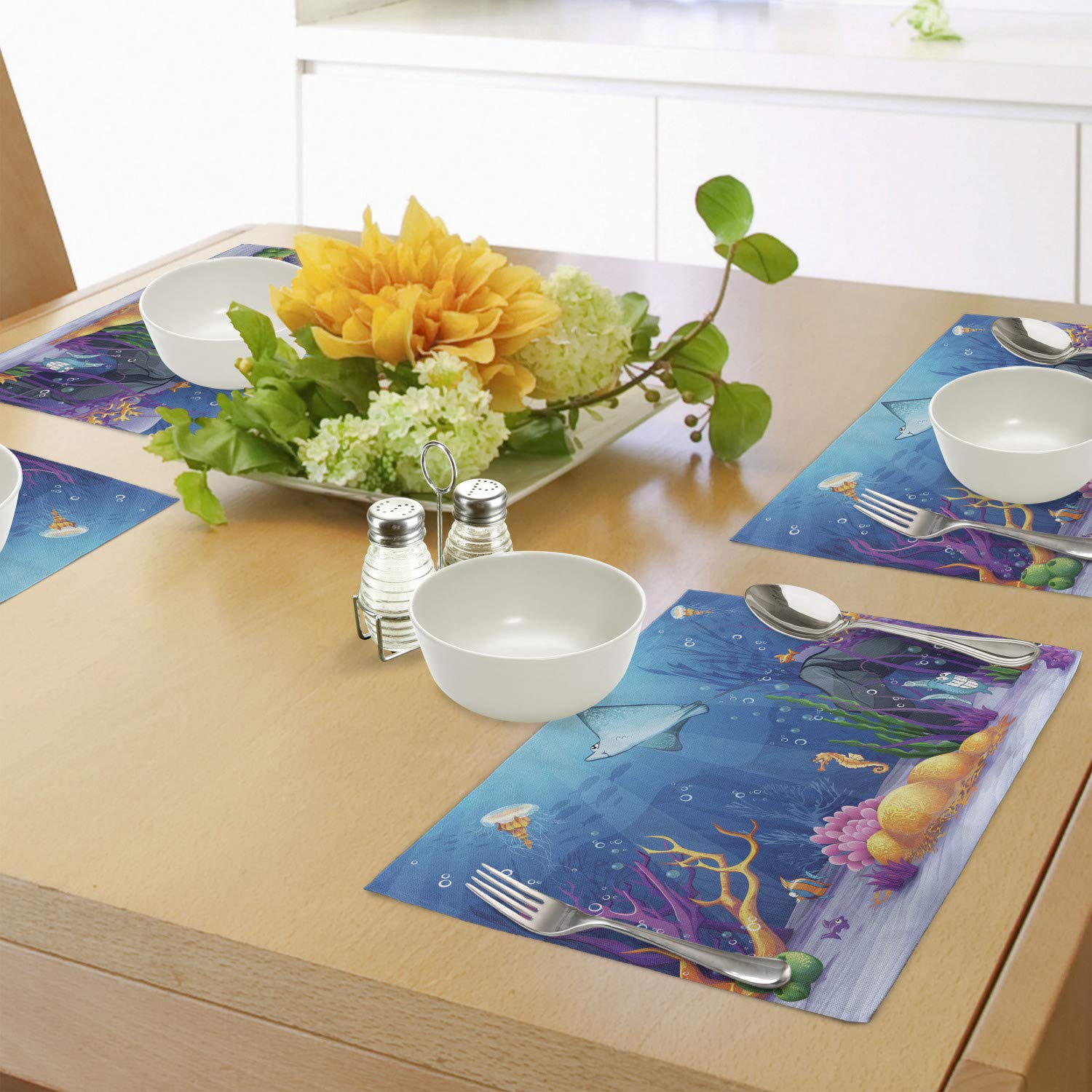 Ambesonne Ocean Themed Place Mats Set of 4 - Sealife Navy Fish, Moss Shells & Sunbeams Cartoon Print Washable Fabric Placemats for Dining Table Decor | Perfect for Beach House, Coastal Kitchen or Nautical Themed Parties