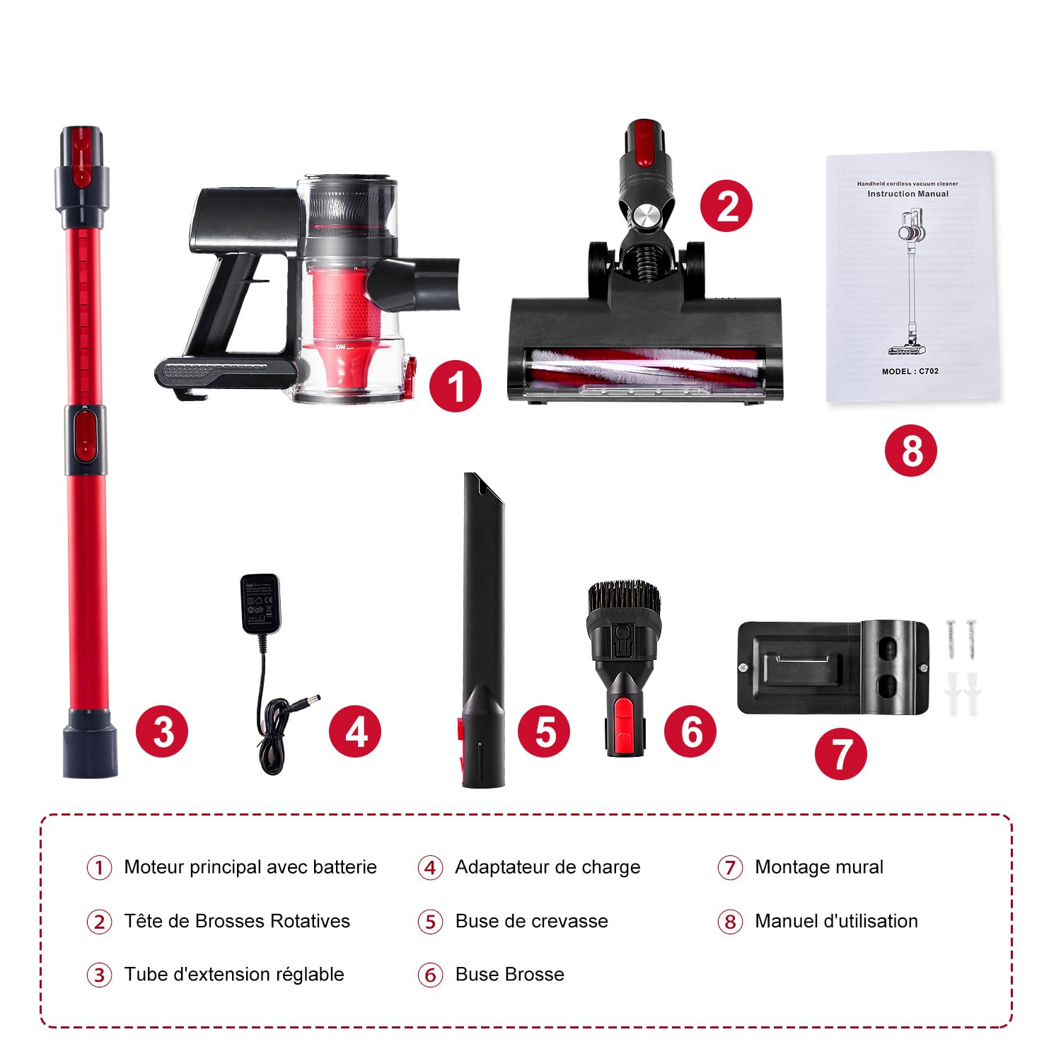 Powerful Cordless Vacuum Cleaner - 16Kpa Suction, 1L Dustbin, 49Min Runtime, 4-in-1 Lightweight Stick Vacuum with LED Display - Ideal for Hardwood Floors, Carpets, Pet Hair Cleaning - Perfect for Home, Office & Car Use (Black/Red)