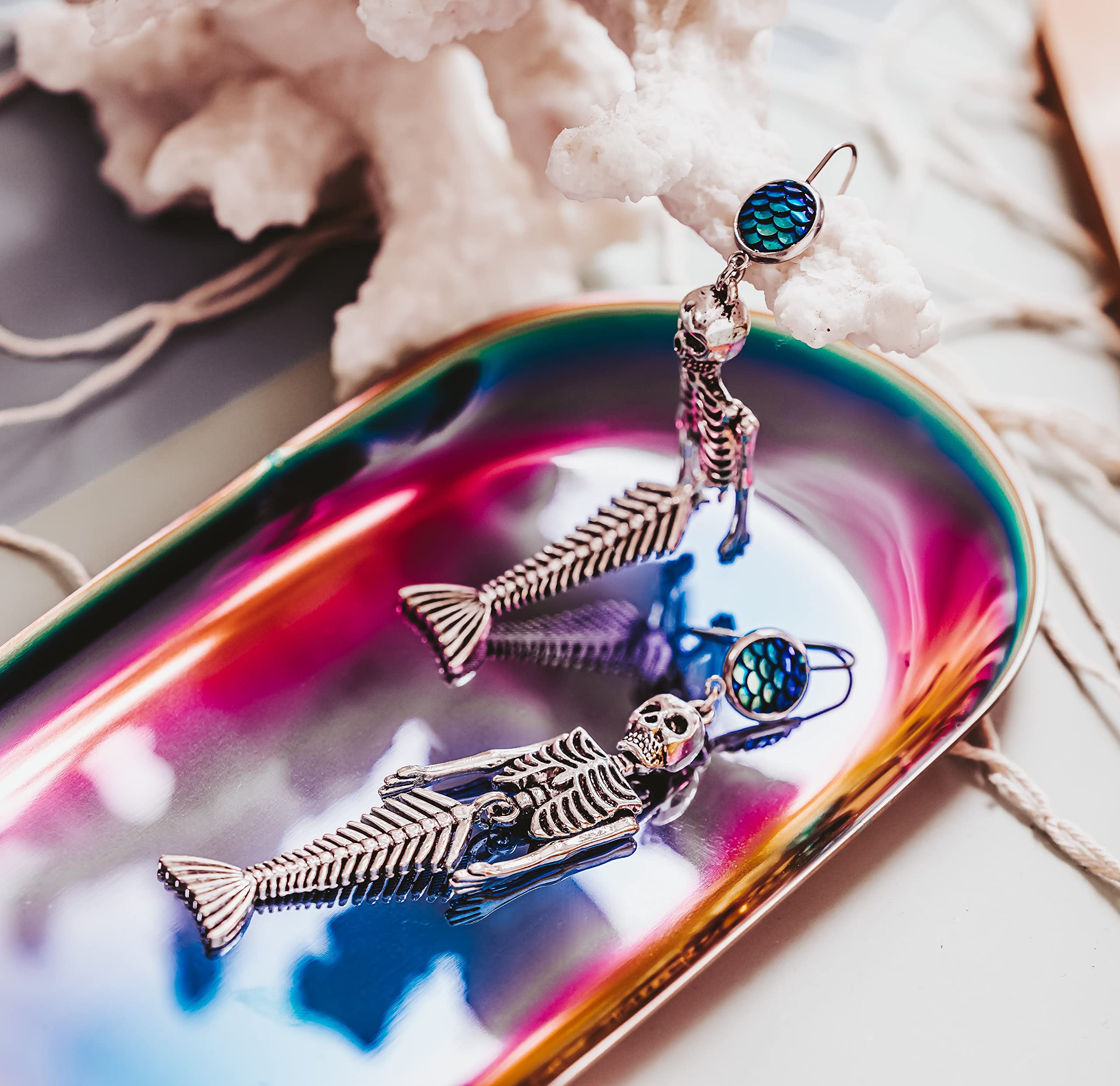 Mermaid Skeleton Dangle Earrings with Scales - Unique Summer & Halloween Jewelry for Women - Perfect for Costume Parties, Beach Vacations, and Gothic Fashion