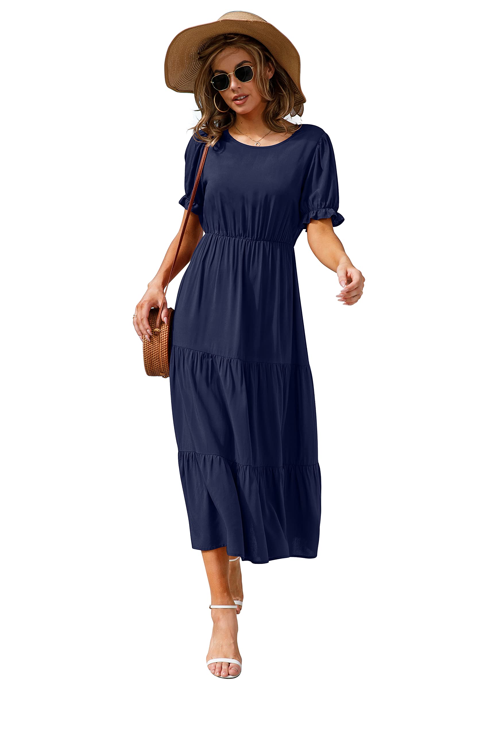 GRECERELLE Women's 2025 Spring Summer Casual Boho Dress - Loose Crewneck, Ruffle Puff Sleeve, High Waist Midi Dress for Beach, Vacation & Summer Outings