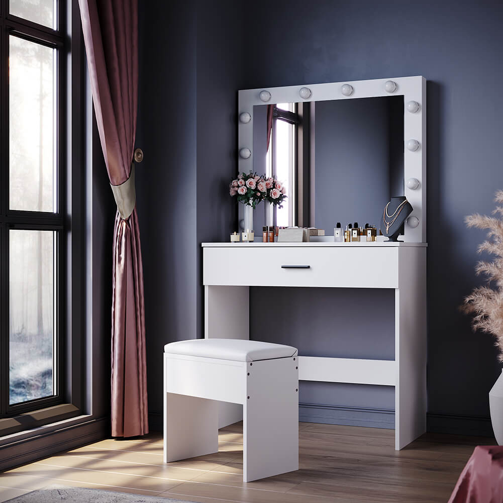 Modern Vanity Table Set with Stool, 12 LED Bulup Mirror & Jewelry Organizer - Elegant Dressing Table for Makeup & Beauty Routine | Perfect for Bedroom, Bathroom & Bridal Suite Decor