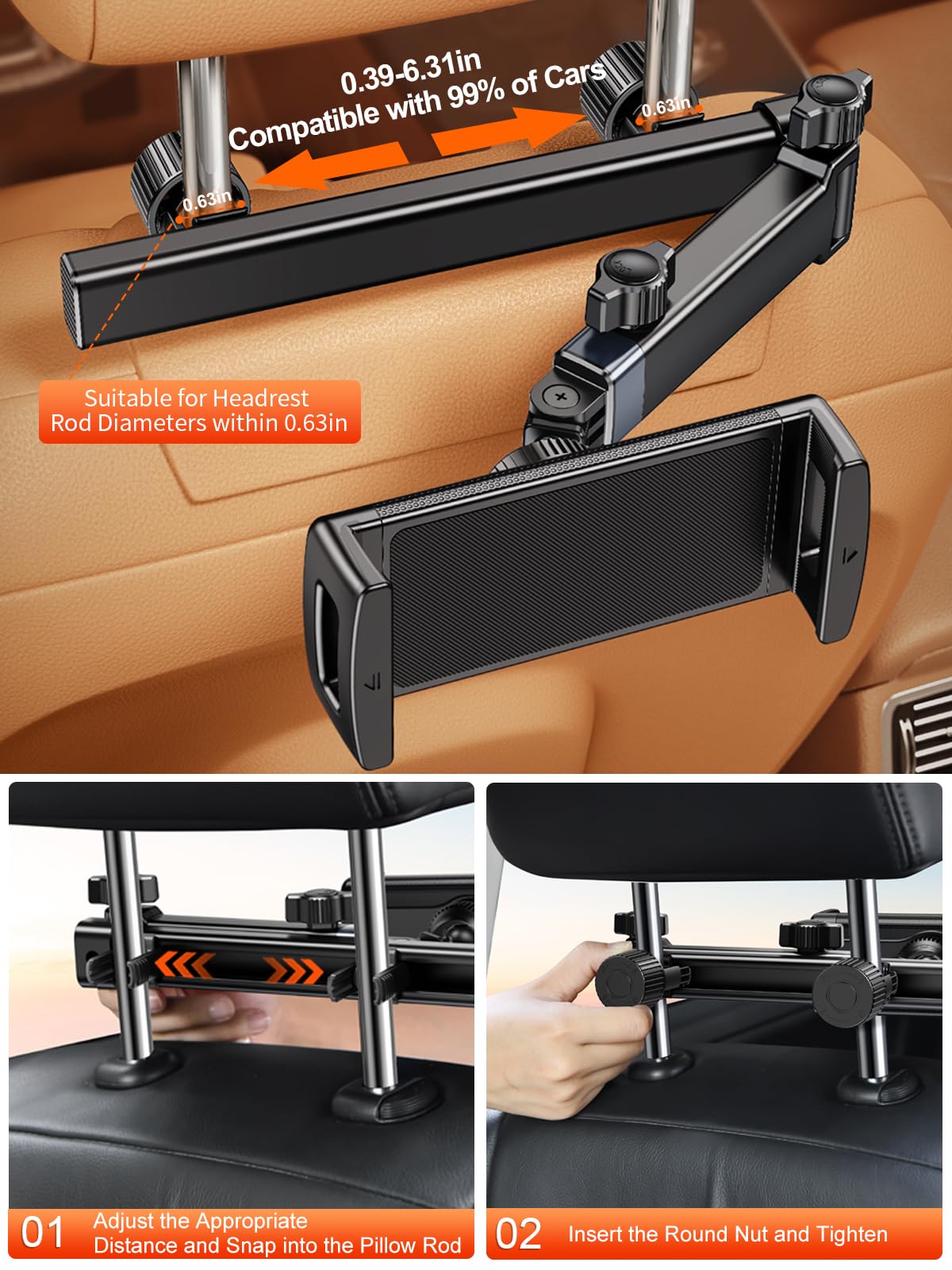 Universal Car Backseat Tablet Holder with Adjustable Extension Arm - Headrest Mount for iPad & 4.7-12.9