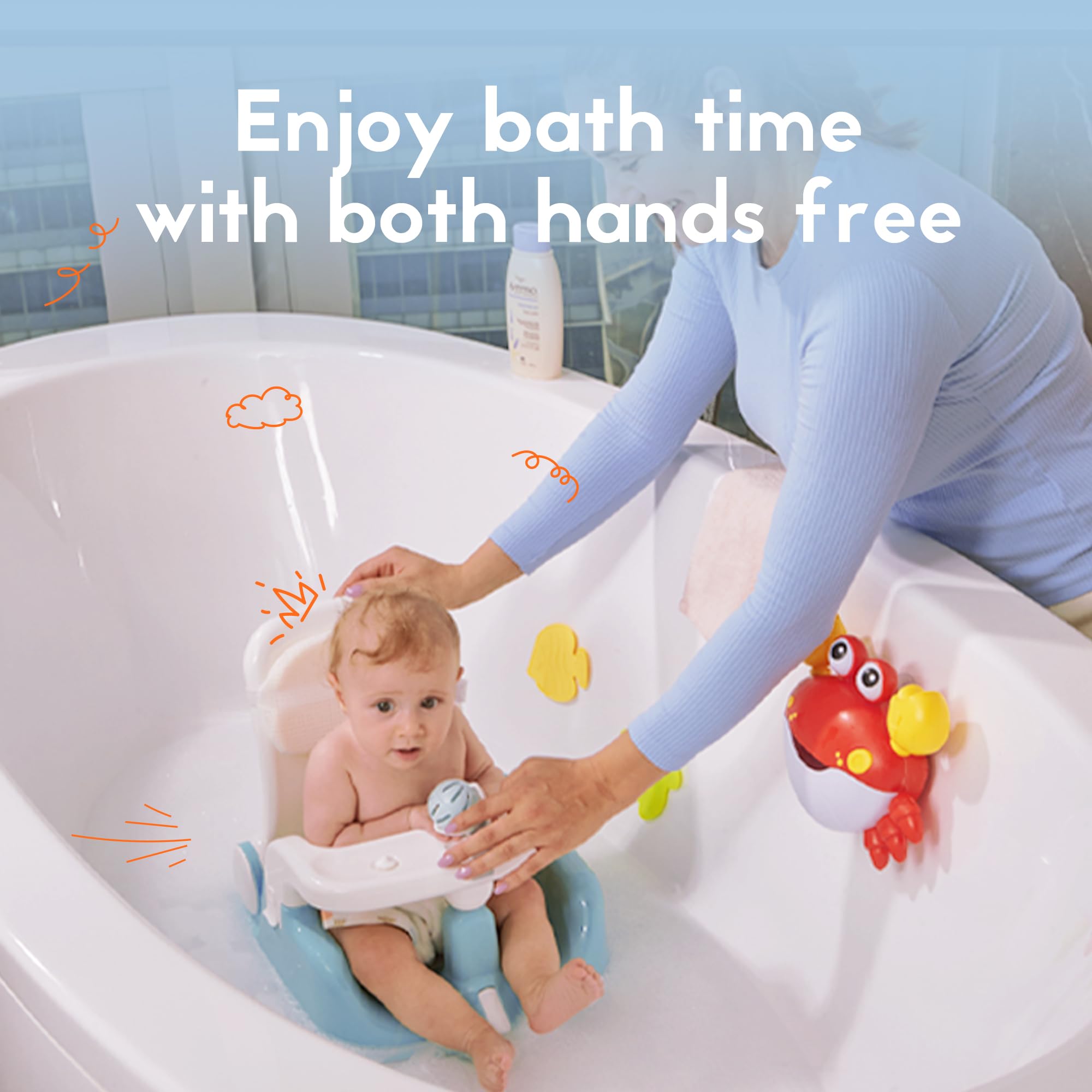 BabyBond 2-in-1 Baby Bath Seat with Sitting & Lying Positions - Adjustable 3-Speed Shower Head, Includes 3 Bath Toys & Strong Suction Cups - Safe Infant Bathtub Chair for Newborns to Toddlers (Blue) - Perfect for Bath Time Fun and Learning