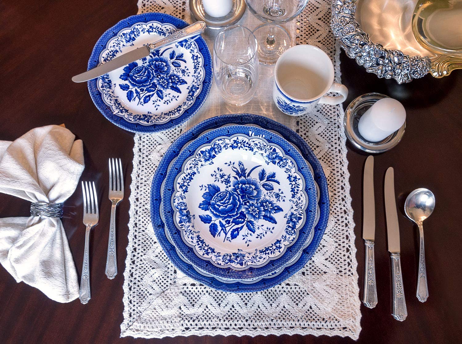 Tudor Royal 12-Piece Porcelain Dinnerware Set - Blue Floral Design for 4, Elegant Tableware for Dining & Entertaining