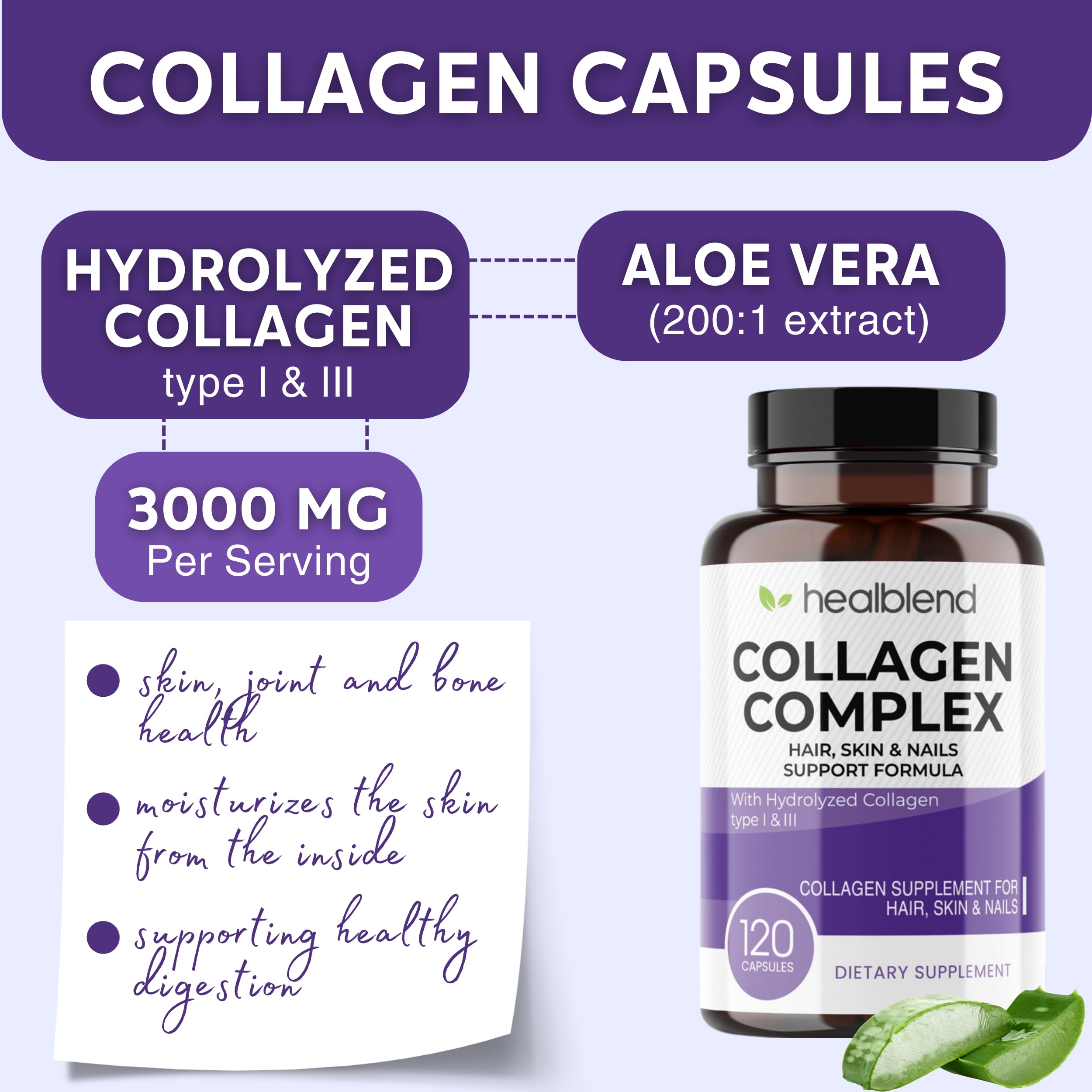 Healblend Collagen Complex - Hydrolyzed Collagen Peptides Supplement for Women & Men | Supports Anti-Aging, Joint Health, Skin Elasticity, Hair Growth & Strong Nails (120 Capsules) - Ideal for Daily Wellness, Fitness Recovery & Beauty Routine