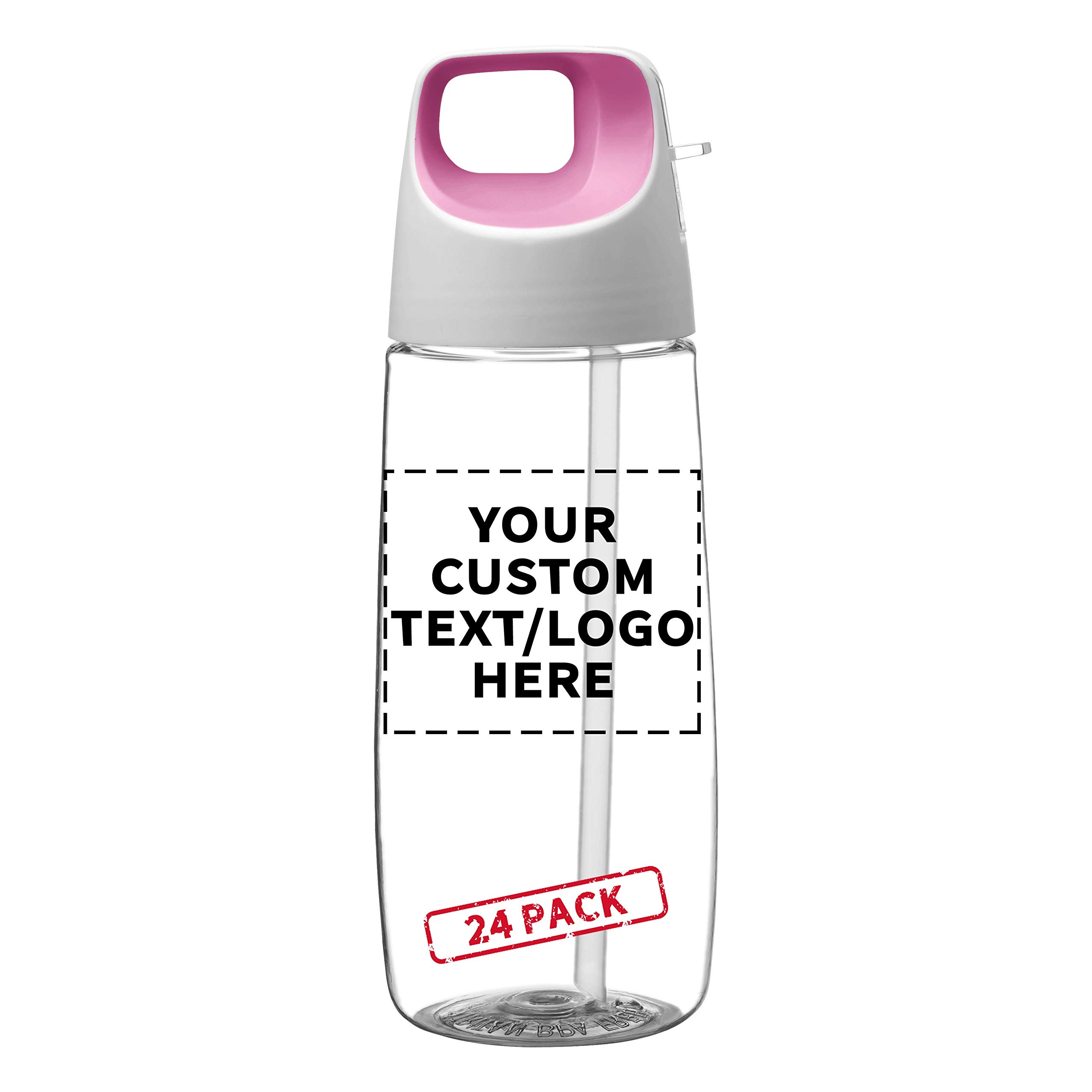 24 Pack 27 oz Plastic Water Bottles with Straw - Customizable Text & Logo - BPA Free Tritan Material - Accent Cube Design in Pink - Perfect for Schools, Gyms, Offices and Outdoor Activities