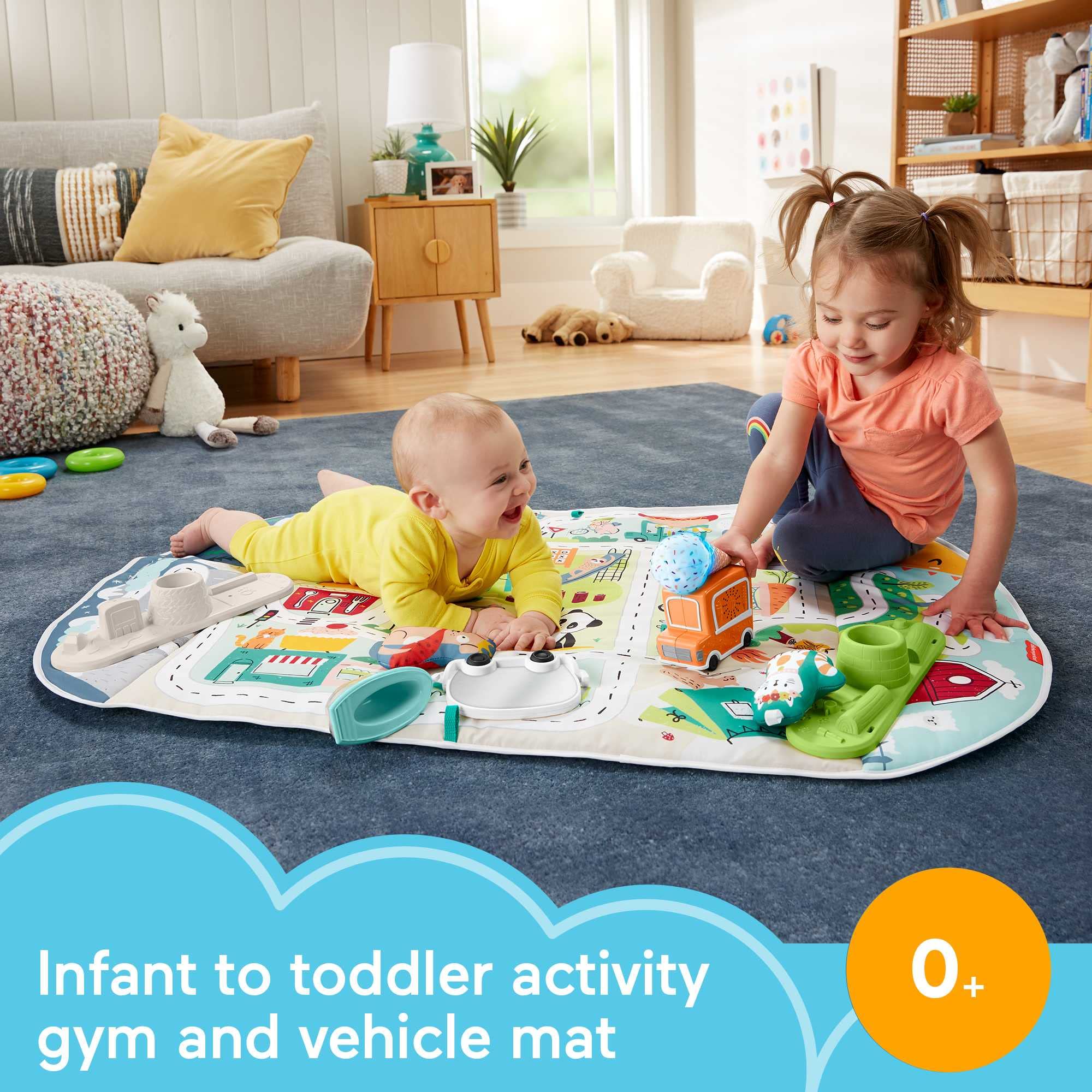 Fisher-Price Activity City Gym to Jumbo Playmat - Interactive Baby Play Gym with Music, Lights & Vehicle Toys - Extra Large Playmat for Infants & Toddlers - Perfect for Tummy Time, Sensory Play & Early Learning Development