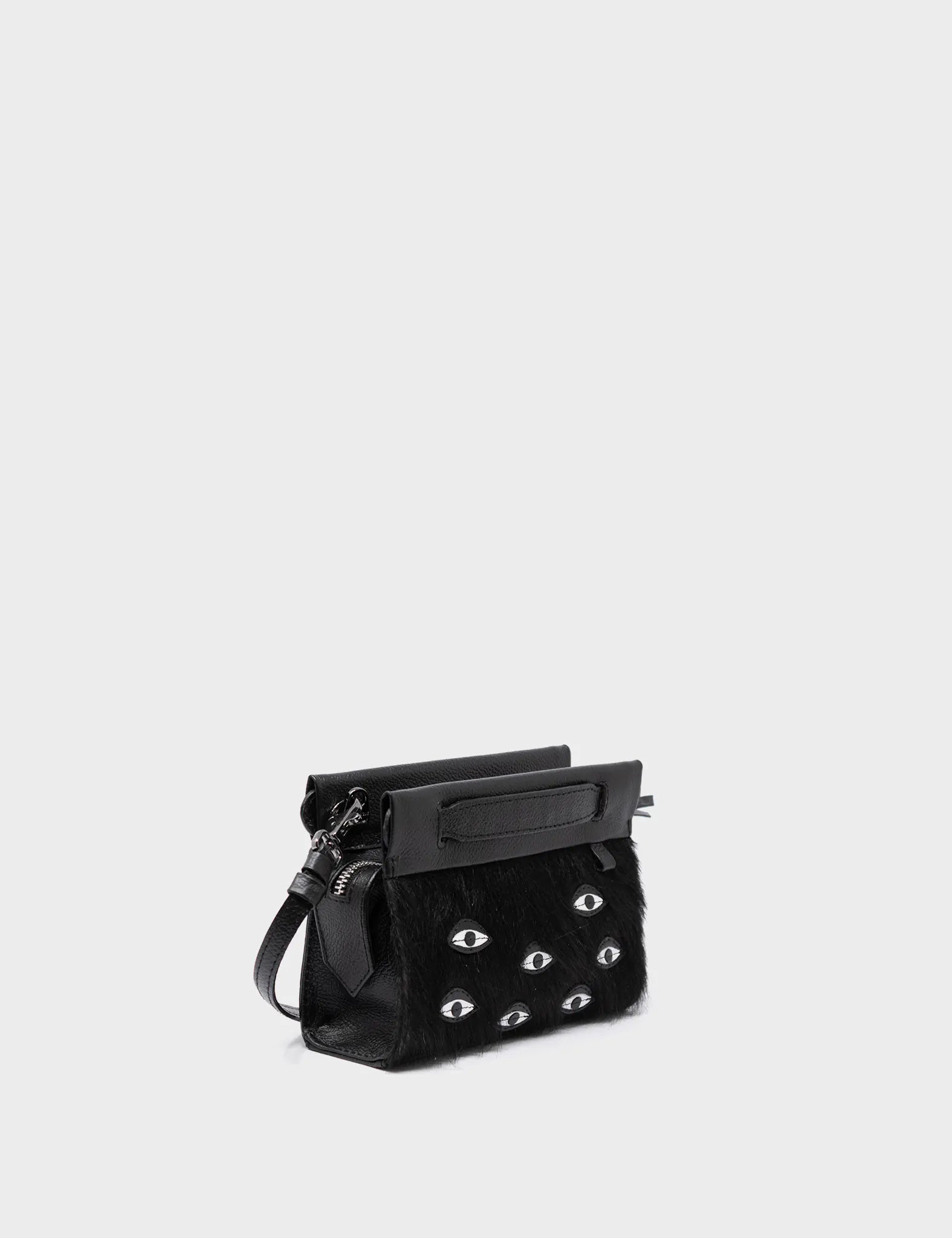 Vali Crossbody Micro Black Leather Bag with Eyes Applique & Adjustable Handle - Stylish & Compact Purse for Women, Perfect for Daily Use, Travel & Parties