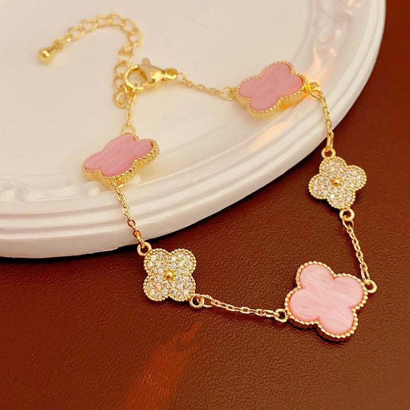 14K Gold Lucky Pink Clover Charm Bracelet for Women - Elegant Four Leaf Clover Jewelry Gift for Birthday, Anniversary & Good Luck | Perfect for St. Patrick's Day, Everyday Wear & Special Occasions